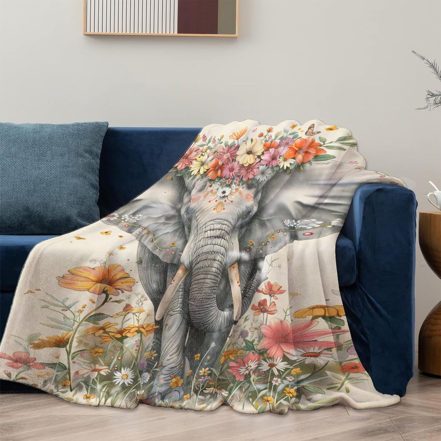 Mounidso Floral Elephant Blanket, Nature-Inspired Animal Theme Flannel Blanket Gifts for Women, Soft Warm Lightweight Elephant Blankets for Living Room Home Sofa Travel Decor 50" x 60"