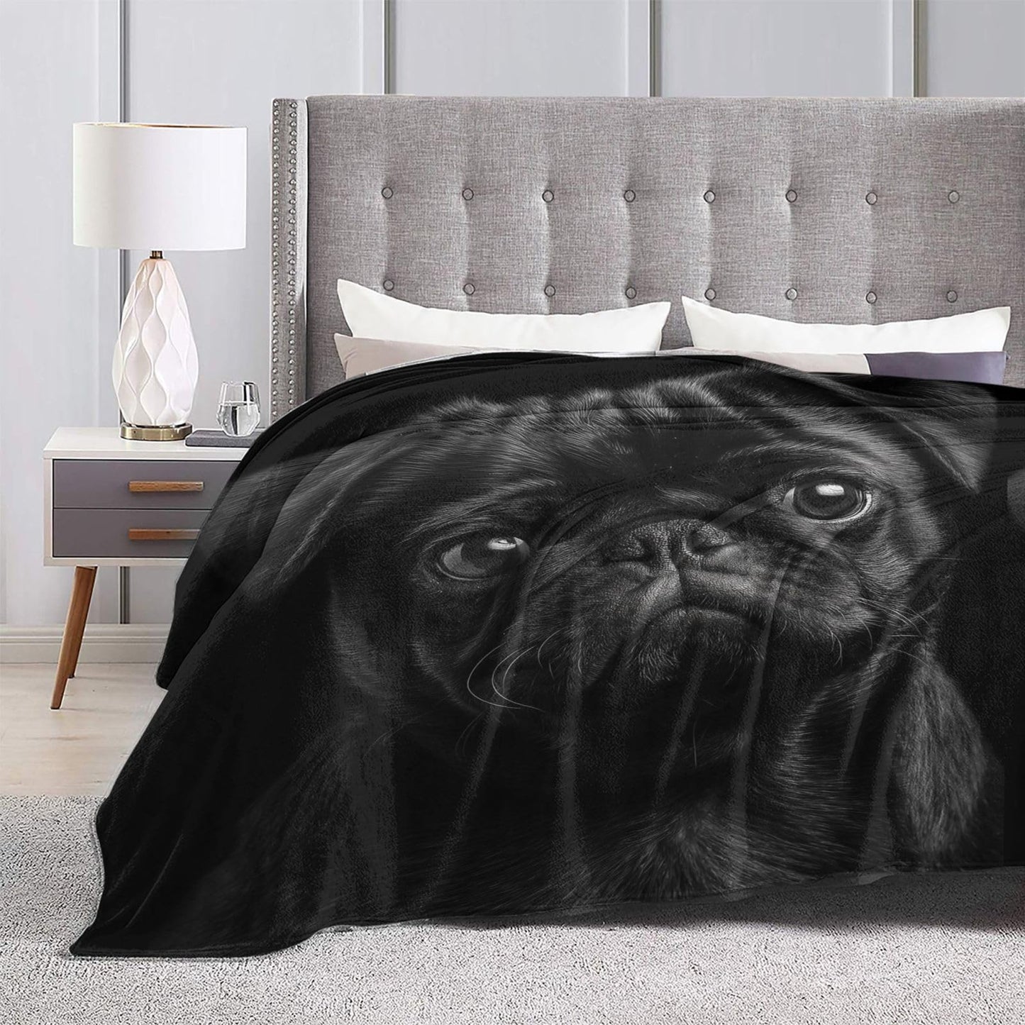 TZJCCMAY Black Pug Blanket for Women, Cute Dog Throw Blankets Soft Lightweight Flannel Throws for Bed Sofa Home Decor, Gifts for Girls Kids, 50x60in