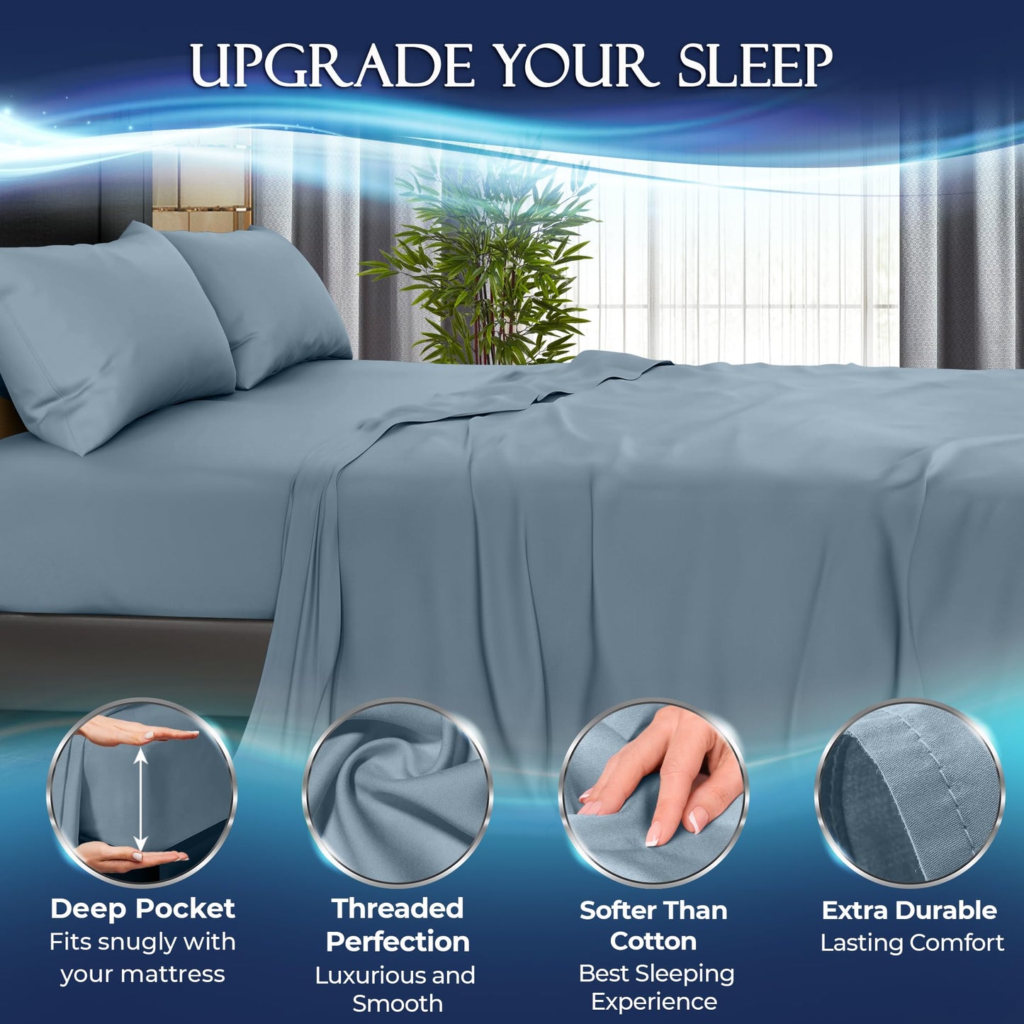 DECOLURE Cooling Sheets Full Set 4pcs - Luxurious & Ultra-Soft Full Size Cooling Sheets for Hot Sleepers - Comfortable Bamboo Viscose Microfiber Full Cooling Bed Sheets w/Deep Pockets (Light Blue)