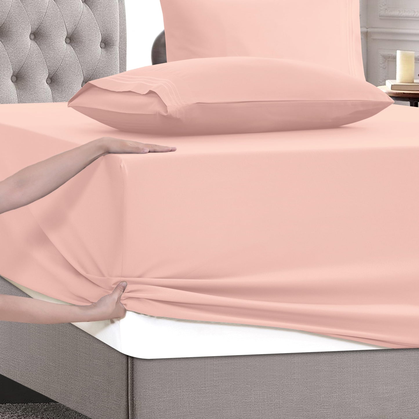 Mocassi Full Size 4-Piece Bed Sheet Set - 1800 Premium Hotel Quality Microfiber 18-24 Inches Extra Deep Pocket Fitted Sheet- Luxury Soft, Breathable, Wrinkle, and Fade Resistant, Blush Pink