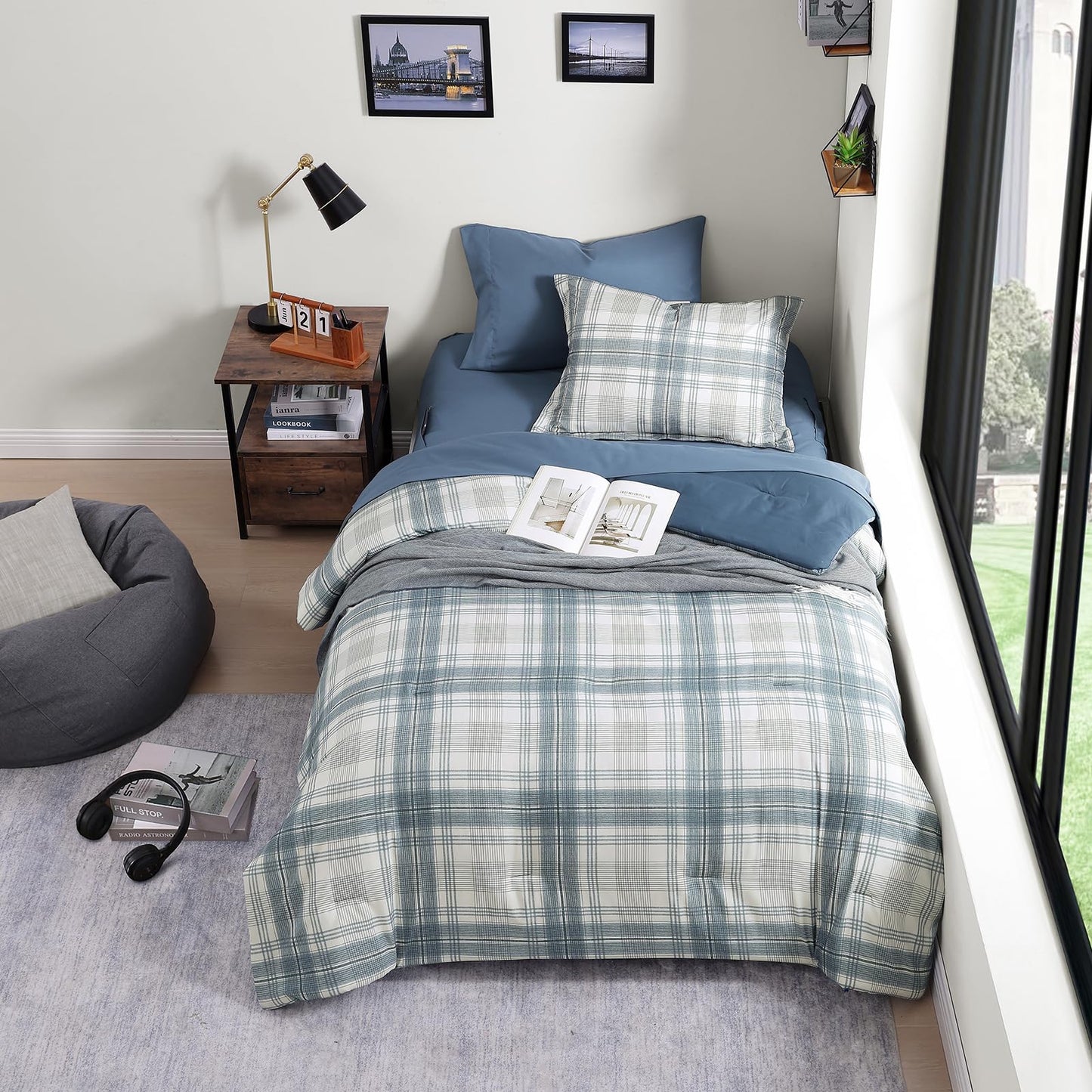 AMBERSPACE Twin XL Comforter Set, Blue Grey Plaid Bedding Set 5 Piece for Boys Girls Teen, Classic Homestead-Style Kids Comforter Set Bed in A Bag with Sheets, Pillowcase & Sham