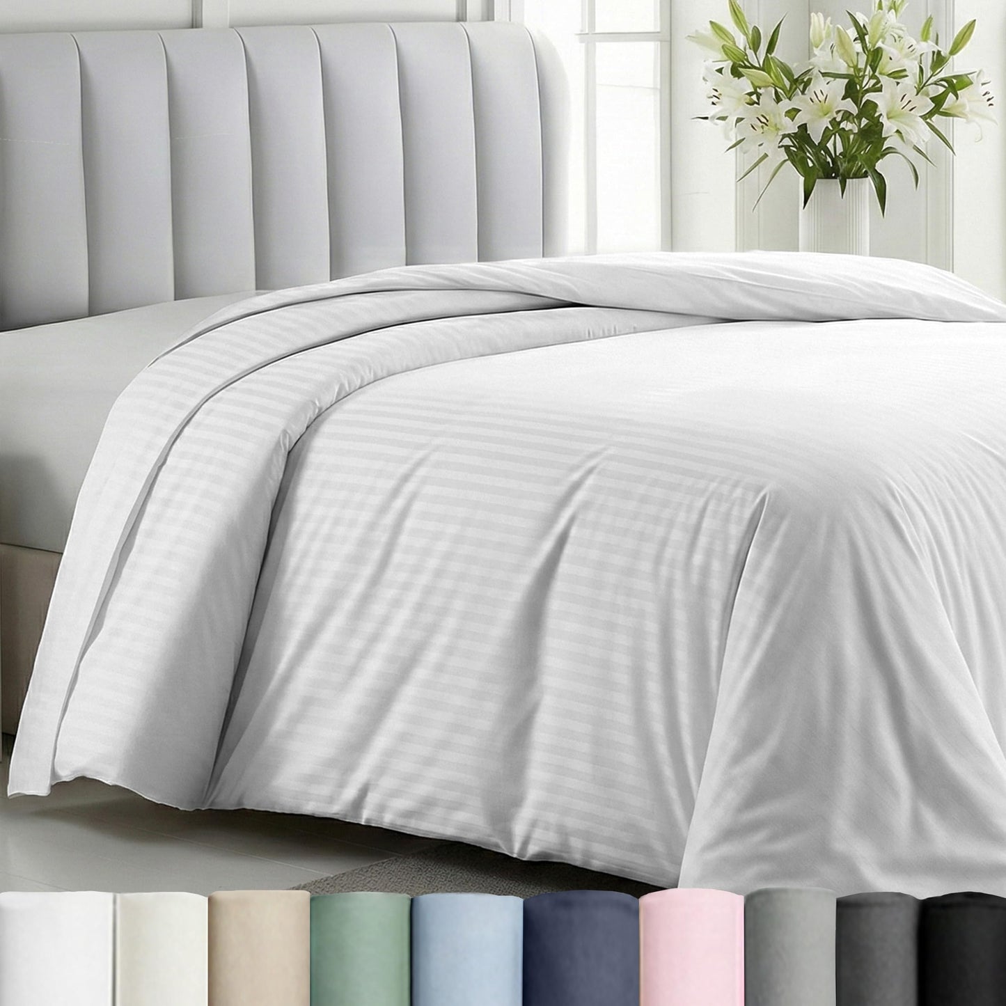 California Design Den Striped White Duvet Cover Queen/Full Only - Premium 400 Thread Count 100% Cotton Duvet Cover Queen, Sateen, Queen Comforter Cover, Button Closure and Corner Ties (Striped White)