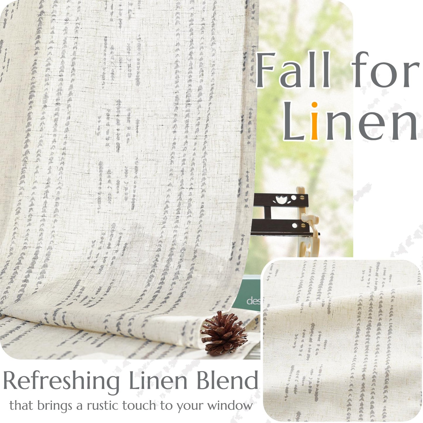jinchan Boho Curtains Linen Blend Drapes for Bedroom Farmhouse Grey Curtains 84 Inches Long 2 Panels for Living Room Geometric Striped Window Window Treatment Set Rod Pocket Grey on Beige