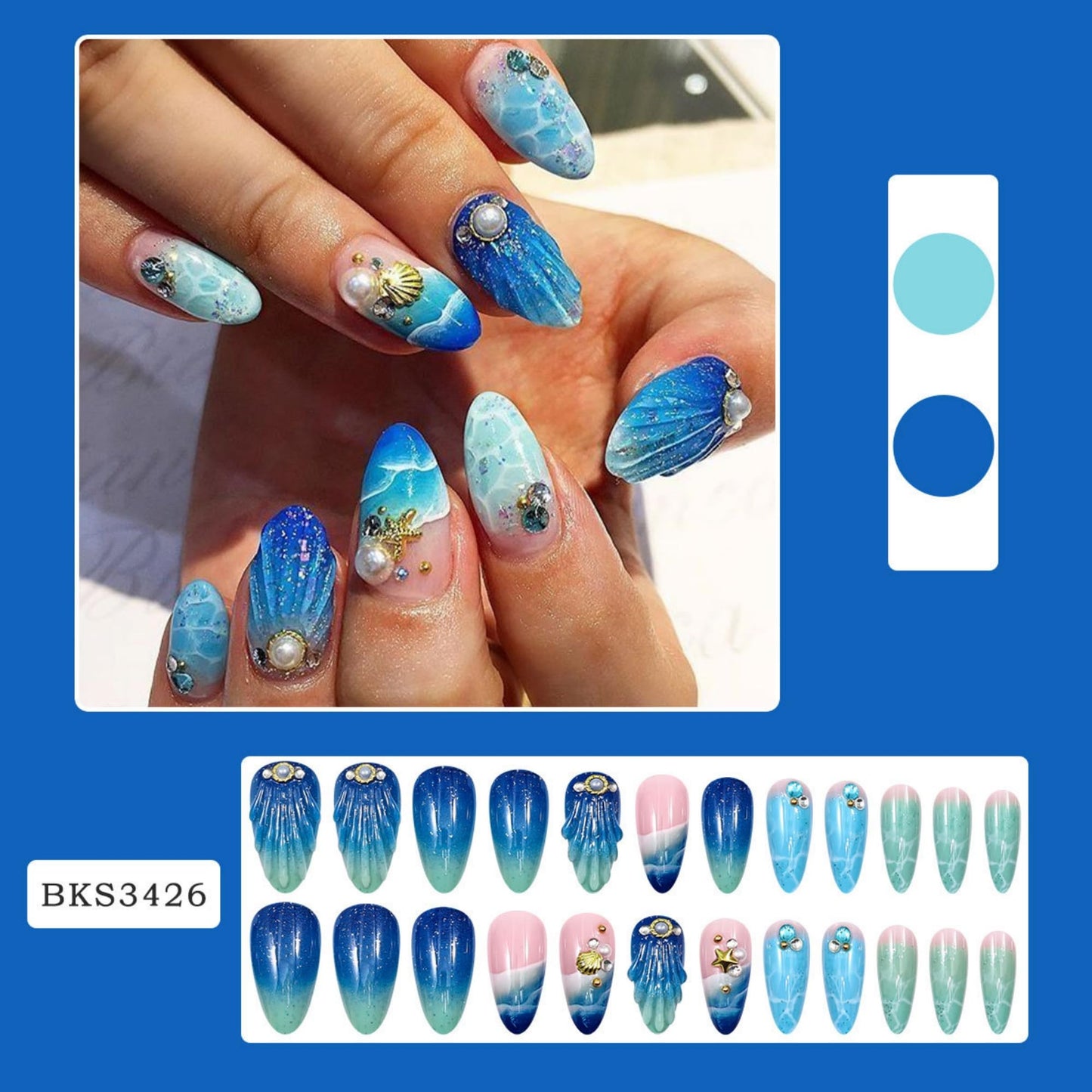 octoswave Press on Nails Long Almond Blue Ocean Wave Design False Nails with Seashell Pearl Accents 3D Textured Summer Beach Mermaid Style Fake Nails for Women 24Pcs