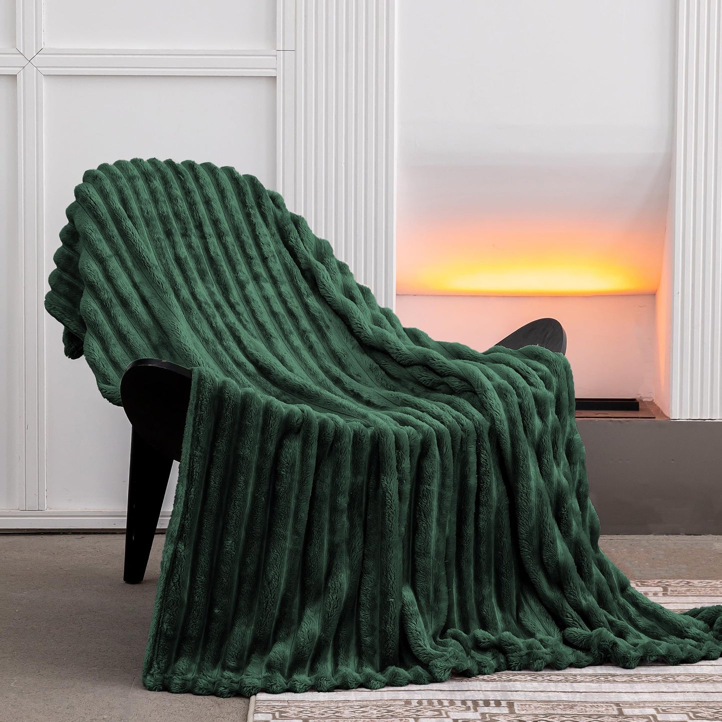 KORBLISS Super Soft Throw Blanket for Couch, Premium Silky Flannel Fleece with 3D Striped Jacquard Design, Lightweight and Cozy for Sofa, Living Room, and All-Season Use, 50x60 Inches.Forest Green