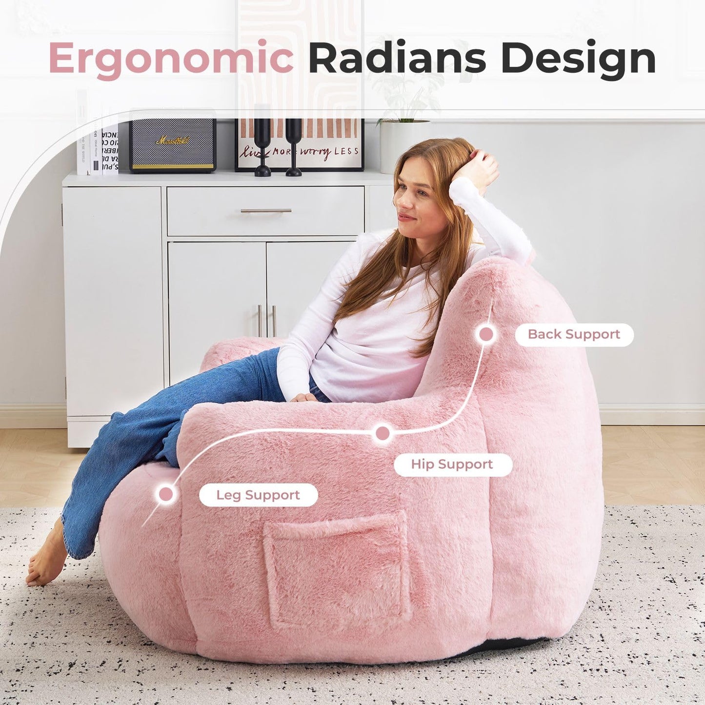 Giant Bean Bag Chair for Adults with Ottoman, Oversized Bean Bag with Filling Plush Fluffy,BeanBag Lazy Sofa Couch with Armrest for Living Room, Stuffed Floor Sofa with Sidepocket for Bedroom, Pink