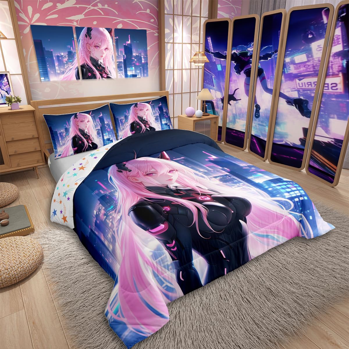 Erosebridal Japanese Anime Comforter Set Full Size, Anime Girl Bedding Set Kawaii Japanese Style Quilt Cartoon Japan Animation Duvet Insert for Boys Teens Adult Women Bedroom Decor