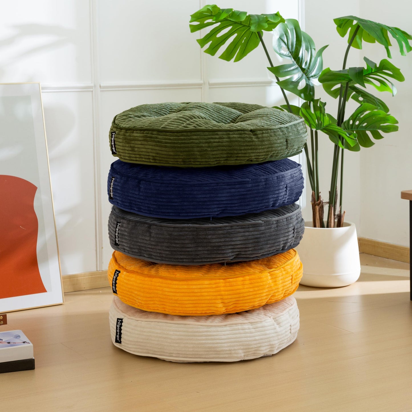 HIGOGOGO Floor Pillow Cushion for Adults, Meditation Cushion Pillow, Large Round Floor Sitting, Removable Tufted Corduroy Cover, for Tatami Living Room or Yoga, 22x22 Inch, Dark Grey