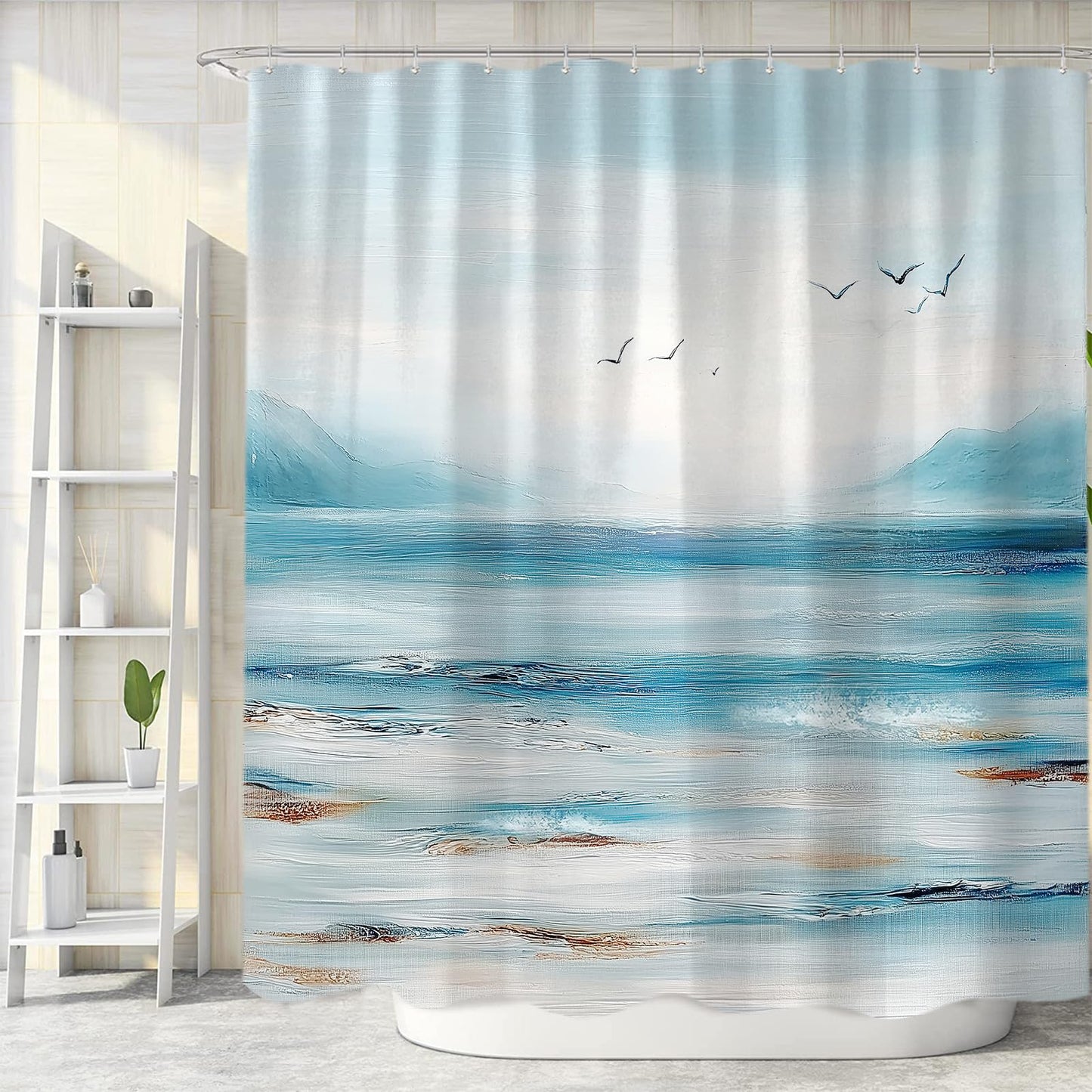 Sanzugh Ocean Beach Shower Curtain, Summer Coastal Abstract Blue Teal Beachy Themed Fabric Shower Curtains Set for Bathroom Decorative with Hooks 72 X 72 Inch Tropical Hawaii Sea Wave Bath Decor