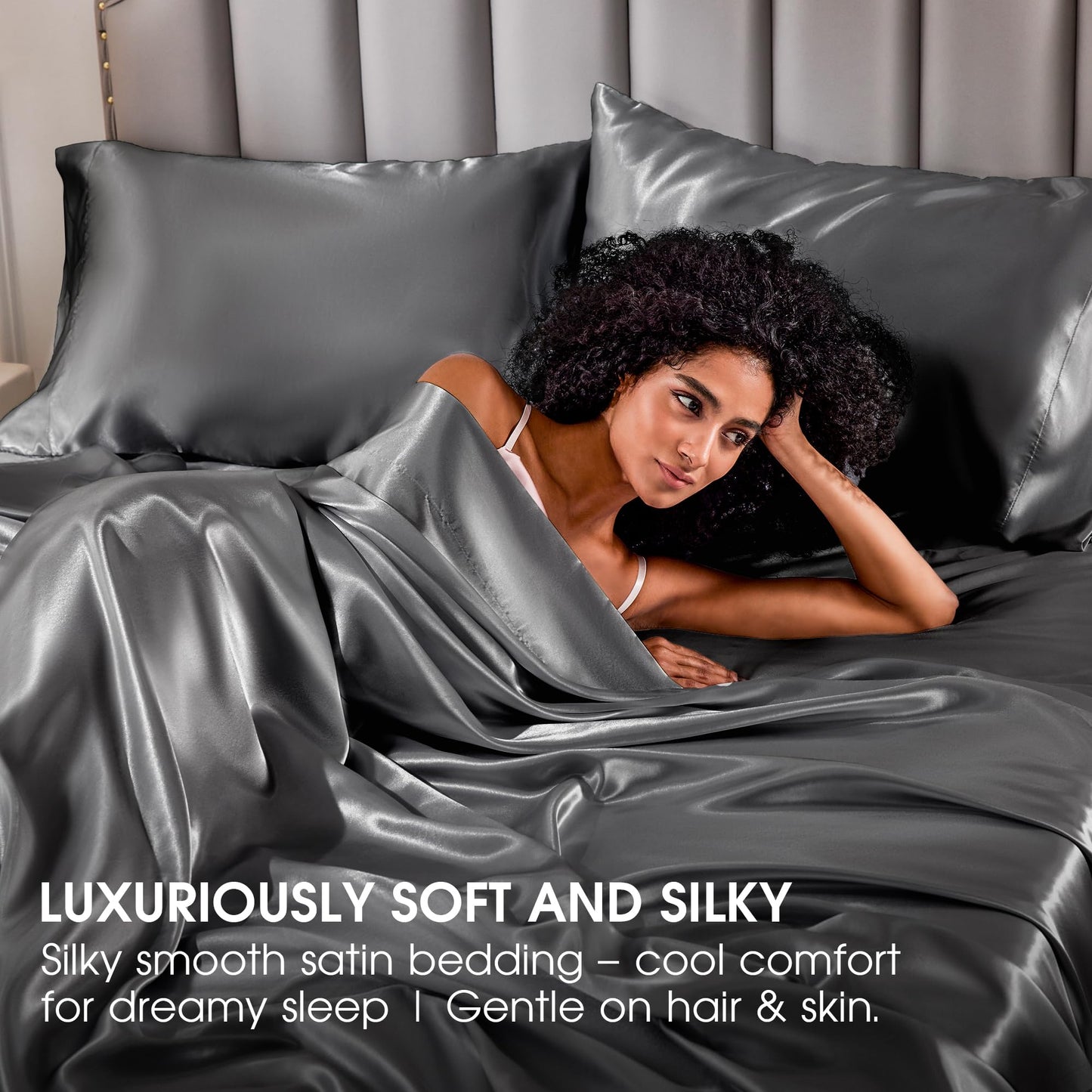 FreshCulture Satin Sheets Full Size - 4 Piece Luxury Soft Silky Full Size Bed Sheets, Similar to Silk Bed Sheet Set with 1 Deep Pocket Fitted Sheet, 1 Flat Sheet & 2 Pillowcases (Dark Grey)