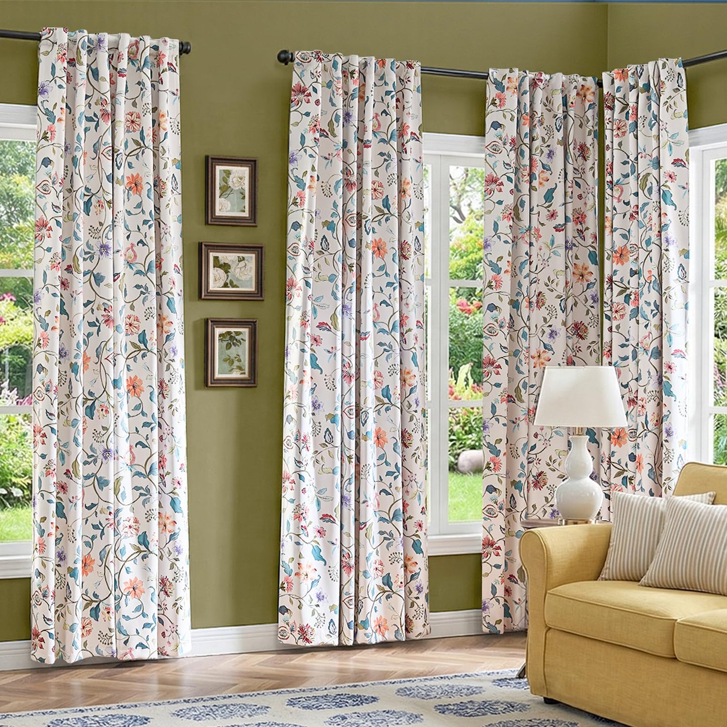 jinchan Hattie Beige Floral Blackout Curtains 84 Inch Length – Room Darkening Vintage Curtains Cream Botanical Drapes for Living Room & Bedroom, Elegant Farmhouse Window Panels, Set of 2 Panels