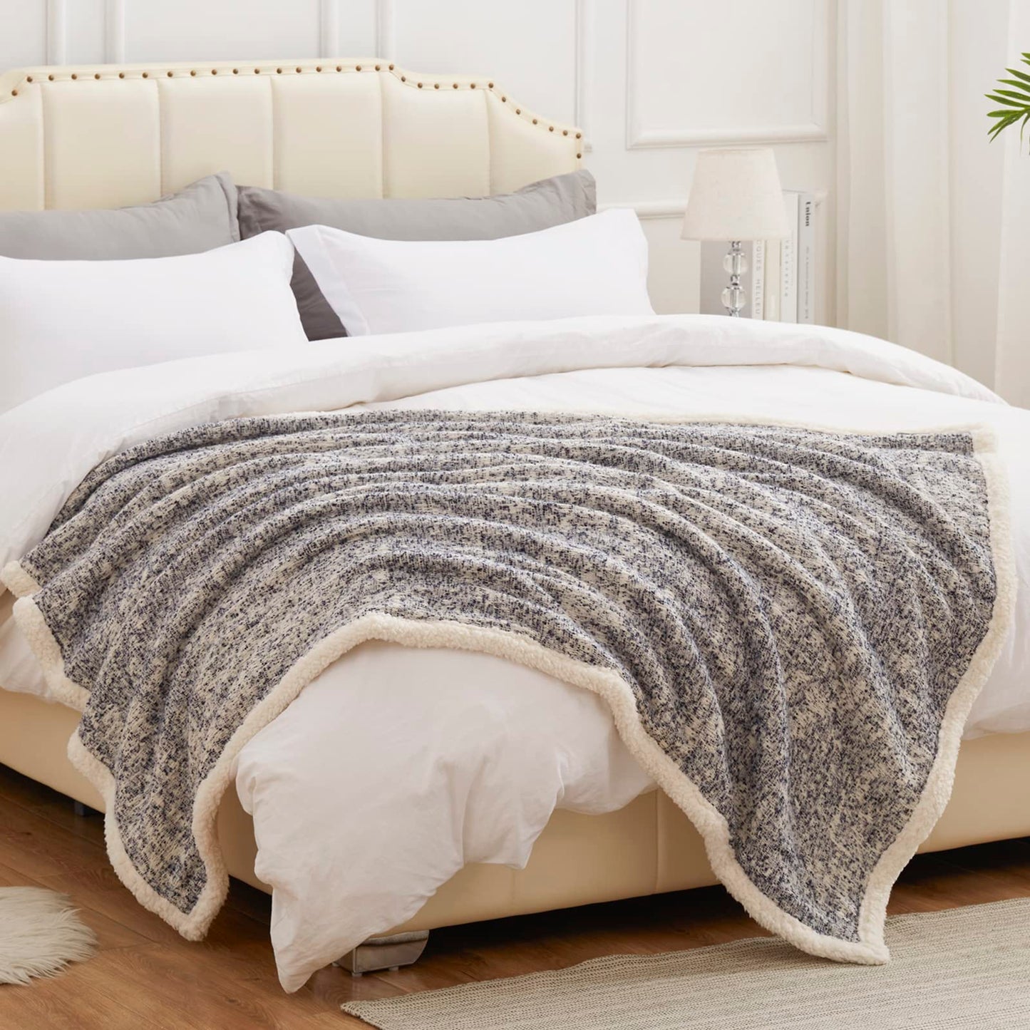 SE SOFTEXLY Throw Blanket, Reversible Sherpa Blanket with 30% Wool and 70% Cotton, Fuzzy Plush Fluffy Soft Blanket, Fall Winter Blanket for Couch Bed Sofa Chair (Blue, 50" x 60")