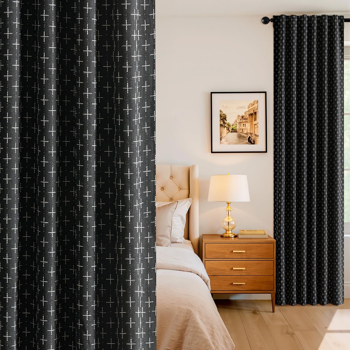 MIULEE 100% Blackout Decorative Linen Curtains with Geometric Pattern, Thick Woven Farmhouse Rustic Patterned Drapes with Back Tab for Bedroom and Living Room, Black, 52 x 84 Inches, 2 Panels
