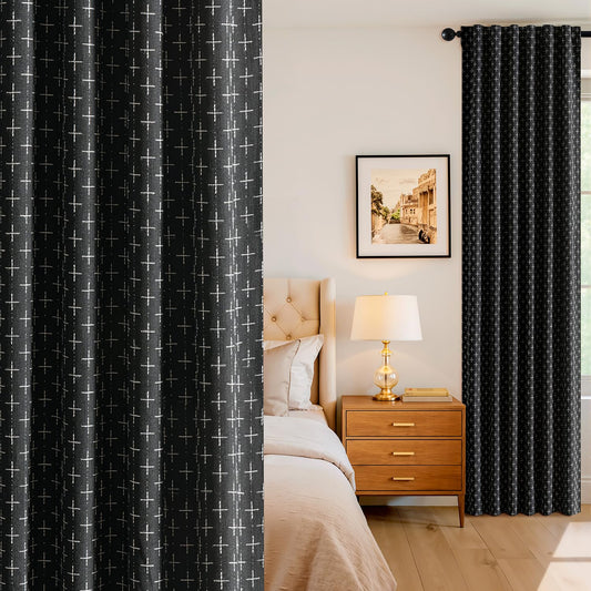 MIULEE 100% Blackout Decorative Linen Curtains with Geometric Pattern, Thick Woven Farmhouse Rustic Patterned Drapes with Back Tab for Bedroom and Living Room, Black, 52 x 84 Inches, 2 Panels