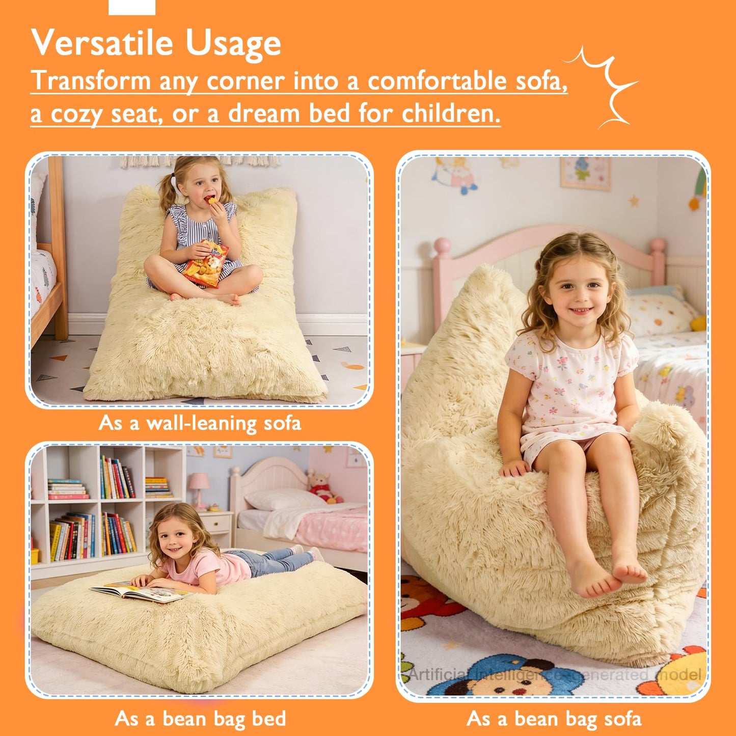 Treokion 3 in 1 Kids Bean Bag Chair Bed, Kids Fluffy Stuffed Floor Pillow for Gaming and Reading, Ultra Soft Faux Fur Fabric Bean Bag Chairs to Lounger for Playroom, Living Room, Bedroom, Beige