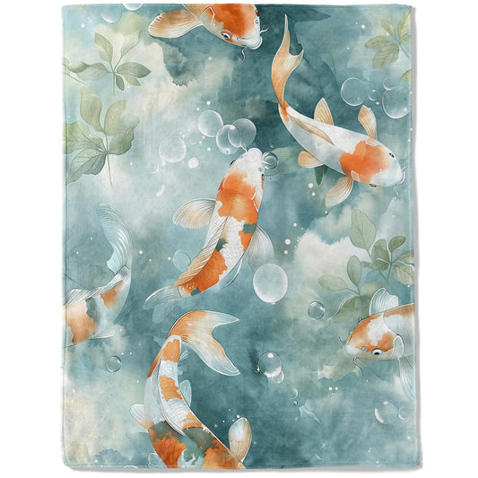 ainori Koi Fish Flannel Blanket - Lightweight Soft Cozy Unique Gifts Blankets for Nature Lovers,Kids,Adult,Women, Watercolor Water Bubble Throw,Home Room Modern Decor 50x60in