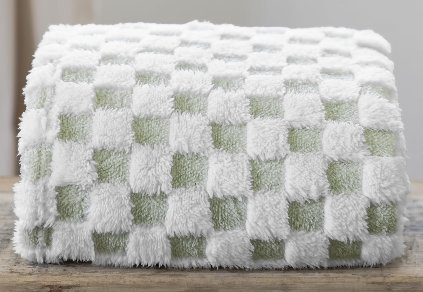 Sage Green & White Fuzzy Fun 3D Checkered Throw Blanket – Ultra Soft Shaggy Fleece for Cozy Comfort. Beautiful Gift for Women with Style 50 x 65 inches.