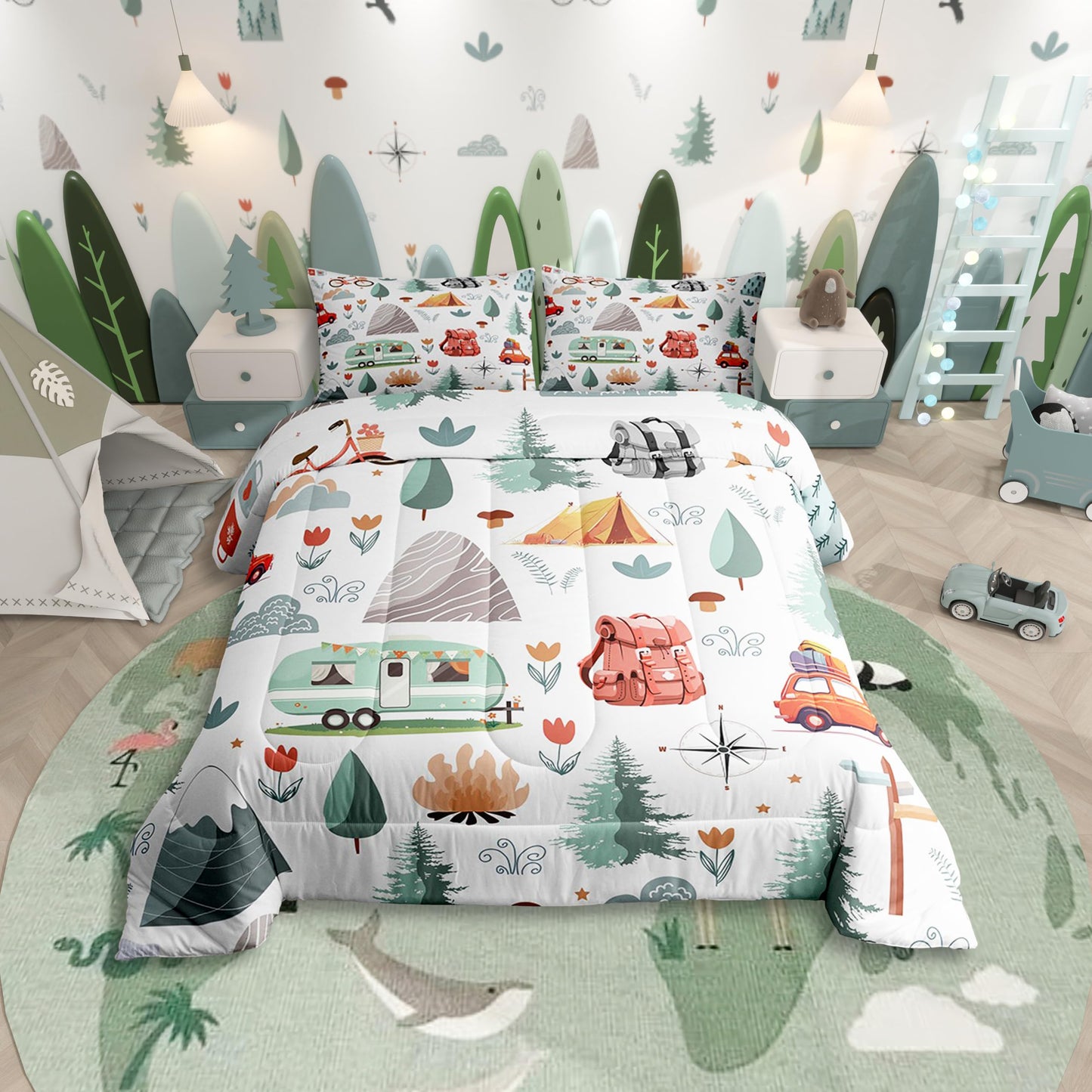 Kids Camper Theme Comforter Set Full 3Pcs, Happy Camping Bedding for Toddler, Travel Car Rv Accessories Down Comforter, Botanical Flowers Mountain Adventure Quilt, Cute Camper Duvet Set Room Decor