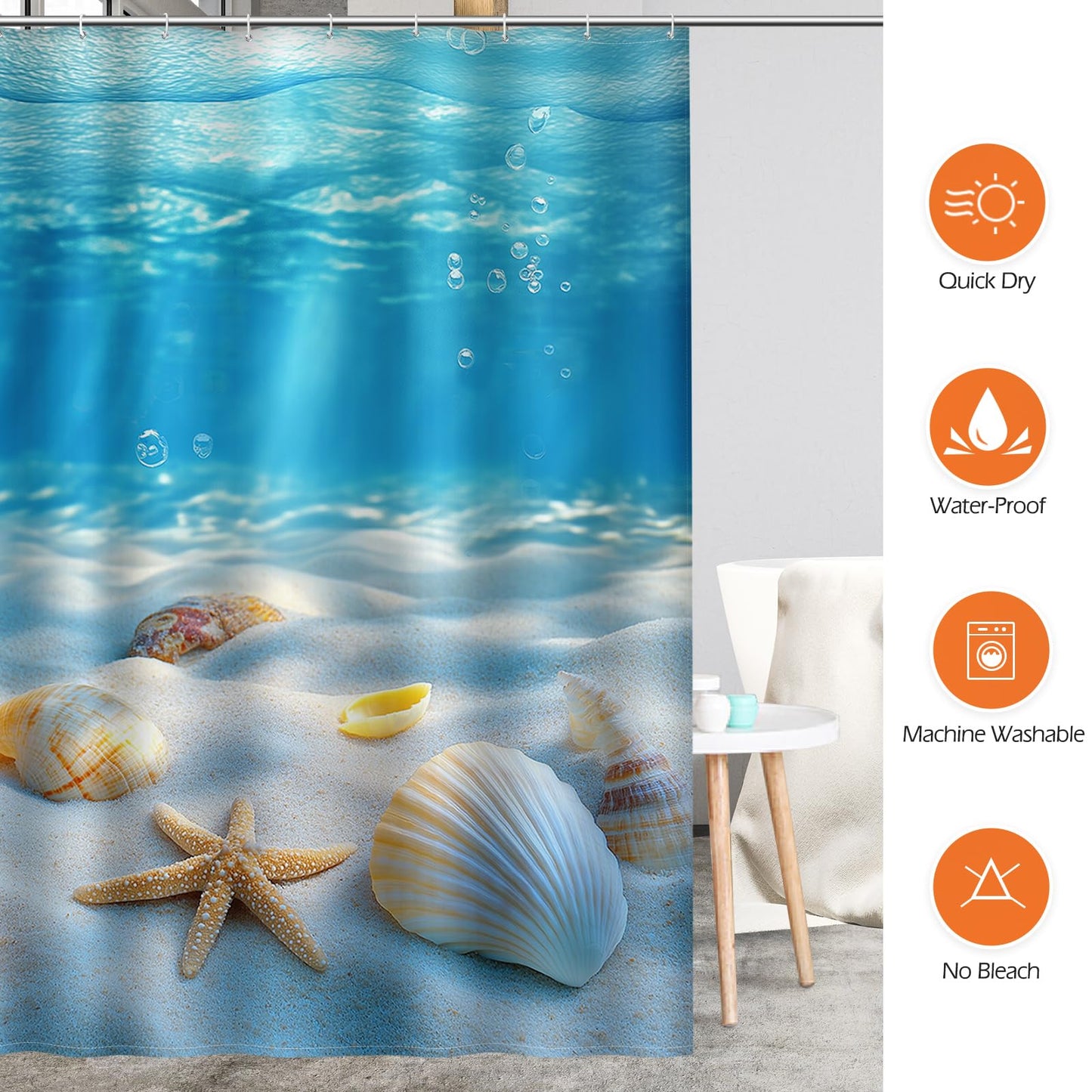 Aimego 3D Ocean World Shower Curtain Seashells Starfish Underwater Tropical Sea Life Nautical Coastal Summer Nature Aesthetics Bathroom Decor Fabric Shower Curtain Set with 12 Hooks, 72"x72"
