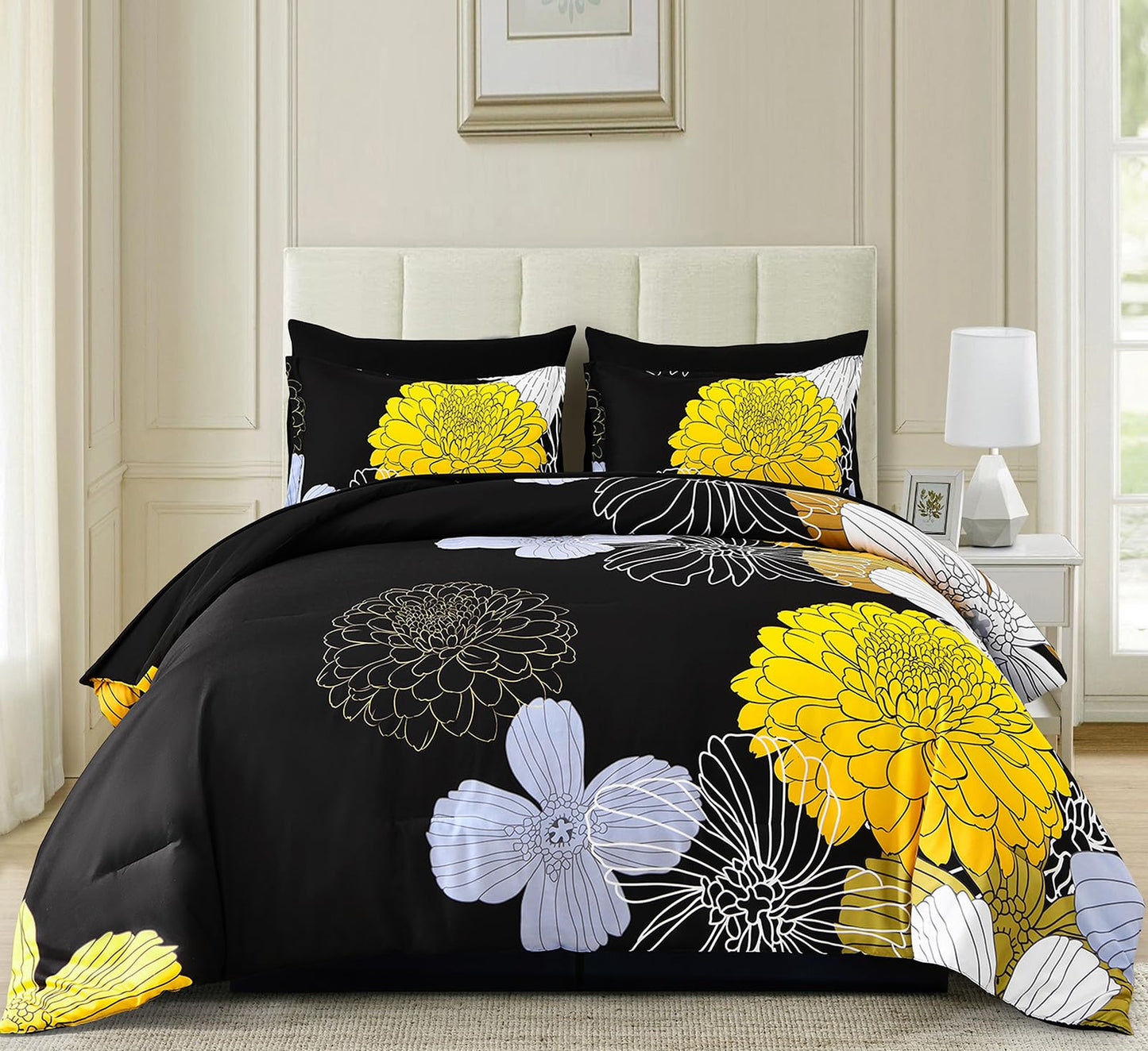 Yiran Bed in a Bag Queen Yellow Black Comforter Set 7 Pieces Soft Microfiber Floral Boho Bedding Set with 1 Comforter 1 Flat Sheet 1 Fitted Sheet 2 Pillowshams 2 Pillowcases
