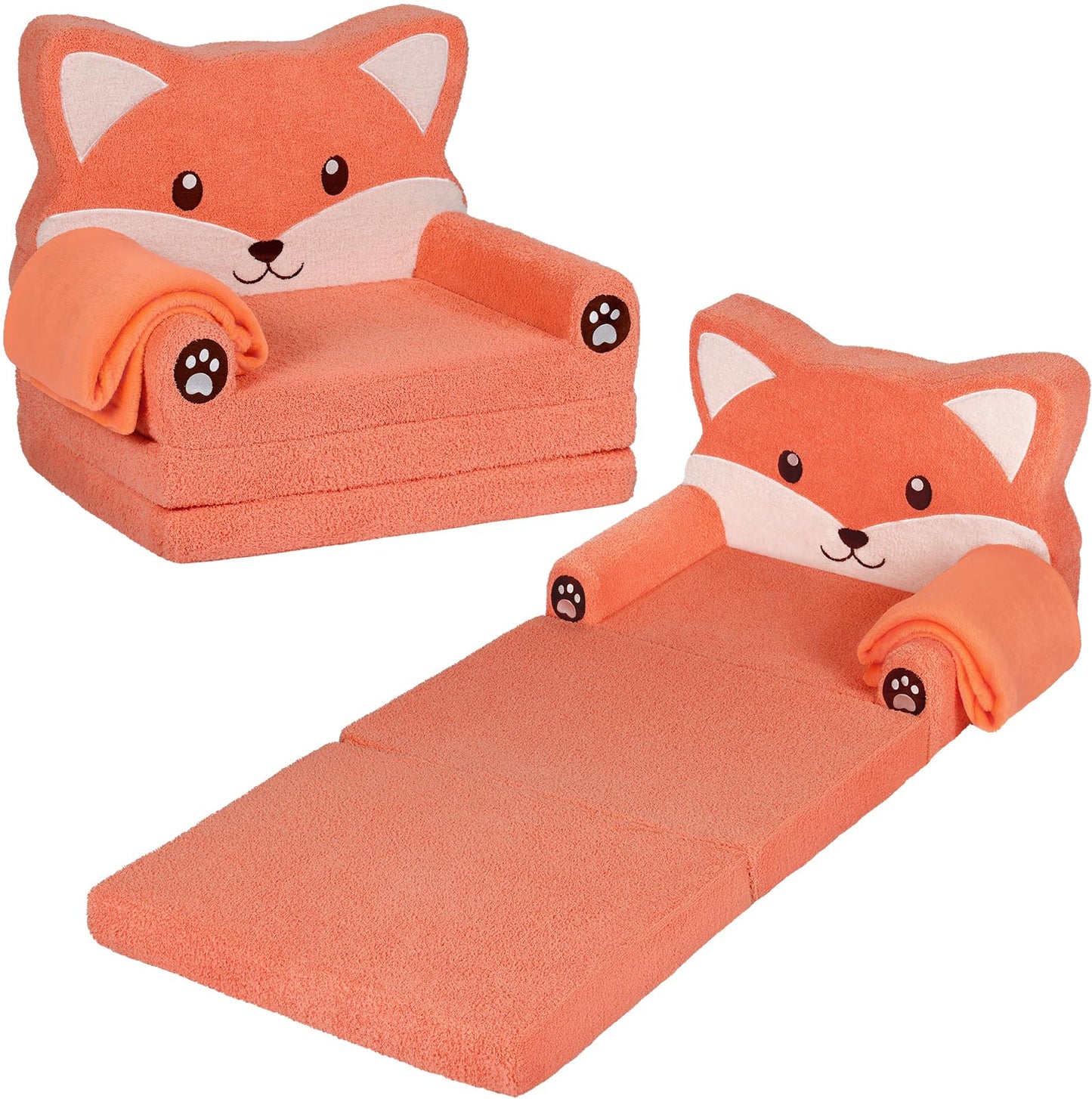 Foryoomi Kids Couch, 2-in-1 Soft Toddler Couch Fold Out with Blanket, Chair Comfy, Foldable Convertible Plush Sofa, Gifts for Kids Girl Boys, Fox