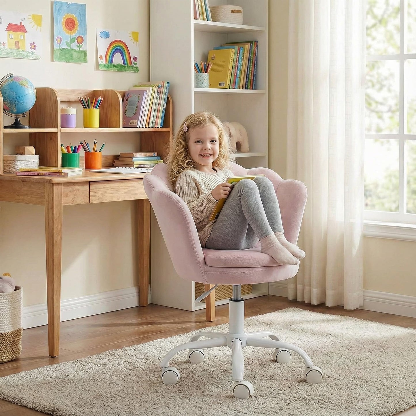 chairus Cute Kids Desk Chair Velvet Living Room Accent Armchair Upholstered Teens Vanity Chair with Seashell Back, Adjustable Swivel Children Study Chair for Computer Homework, Pink