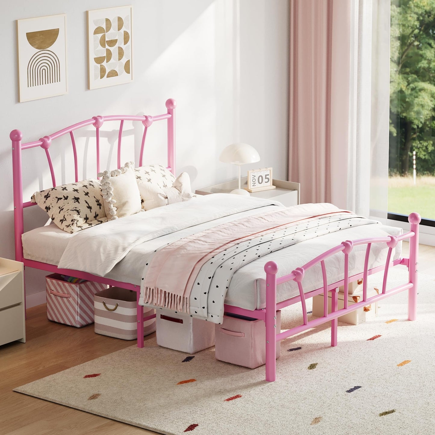IDEALHOUSE Full Bed Frame for Kids, Full Size Bed with Headboard and Footboard, Heart Shaped Platform Bed Frame, Heavy Metal Slat Support, Noiseless, No Box Spring Needed, Pink