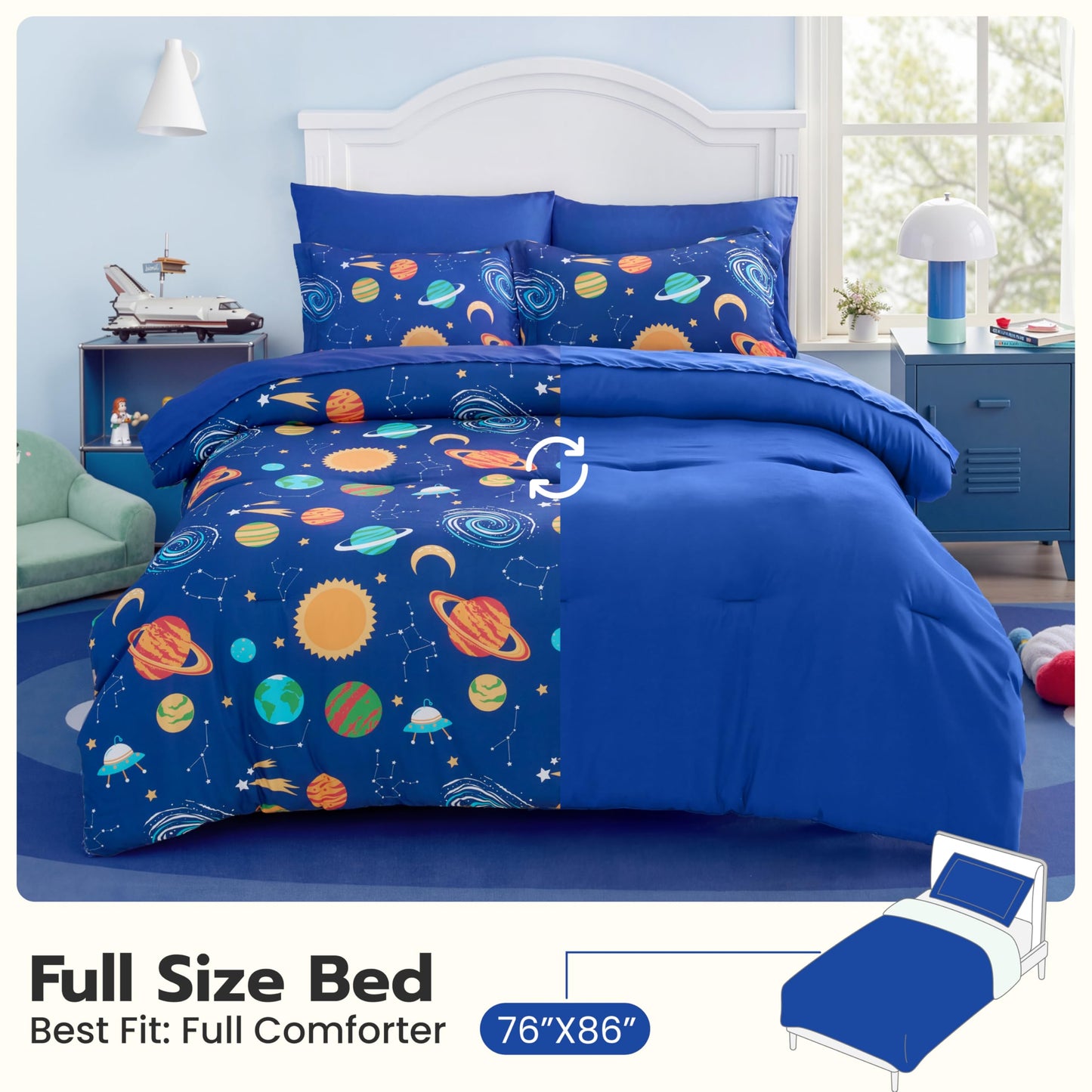 Joiedomi Kids Comforter Set Bedding Set for Boys Girls Super Soft Microfiber Bed in a Bag with Comforter Sheets Pillowcase Sham, Dark Blue Cosmic Space, Full