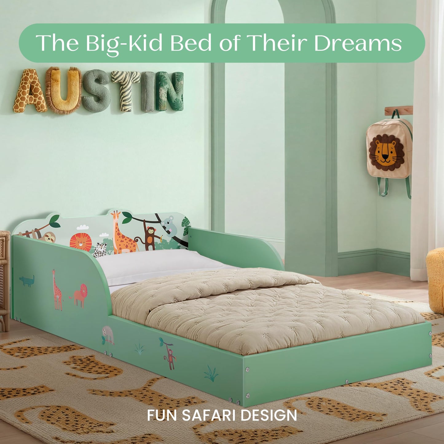 Delta Children Safari Wood Floor Toddler Bed with Reusable Stickers, Green