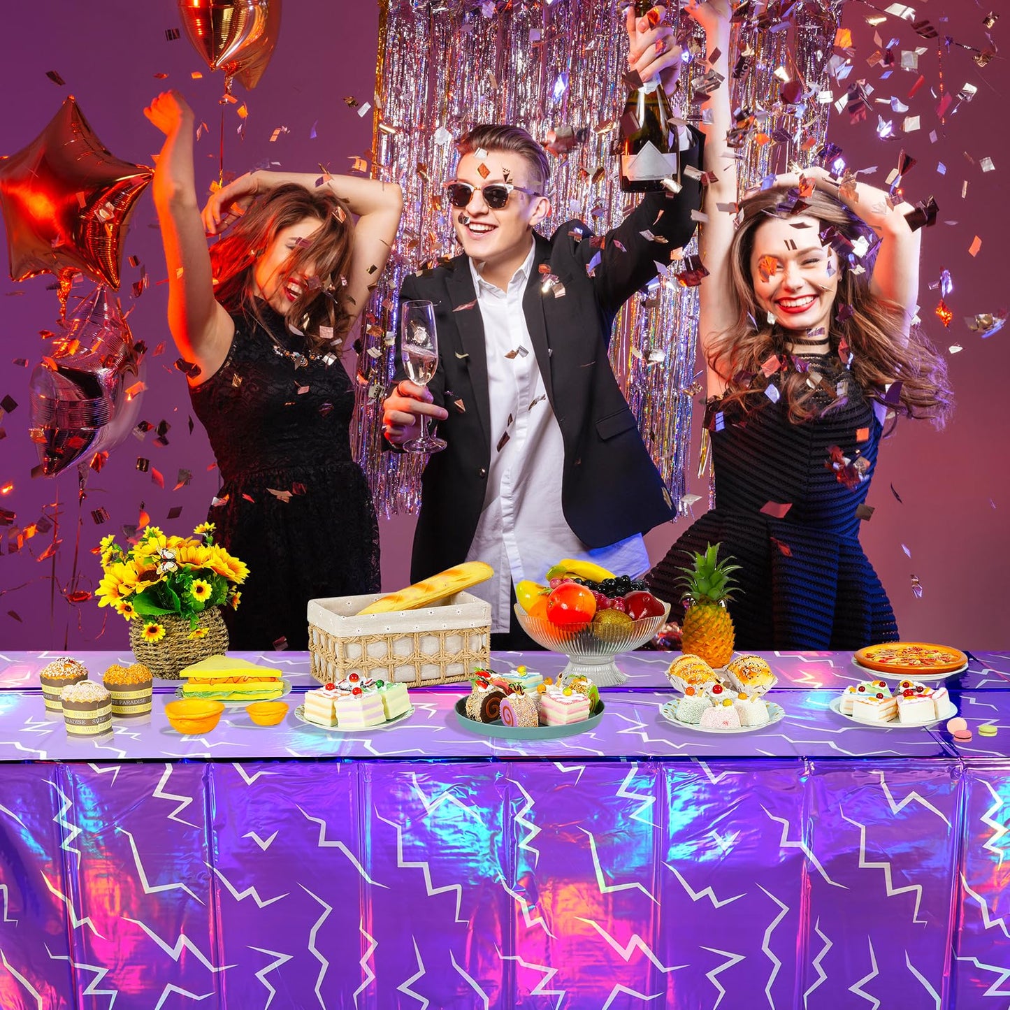 2 Pack Iridescent Pink and Purple Kpop Plastic Tablecloth 54x108 Inch, Holographic Laser Disposable Table Cover, Rectangle Pink and Purple Table Cloth for Kpop Halloween Birthday Party Decorations