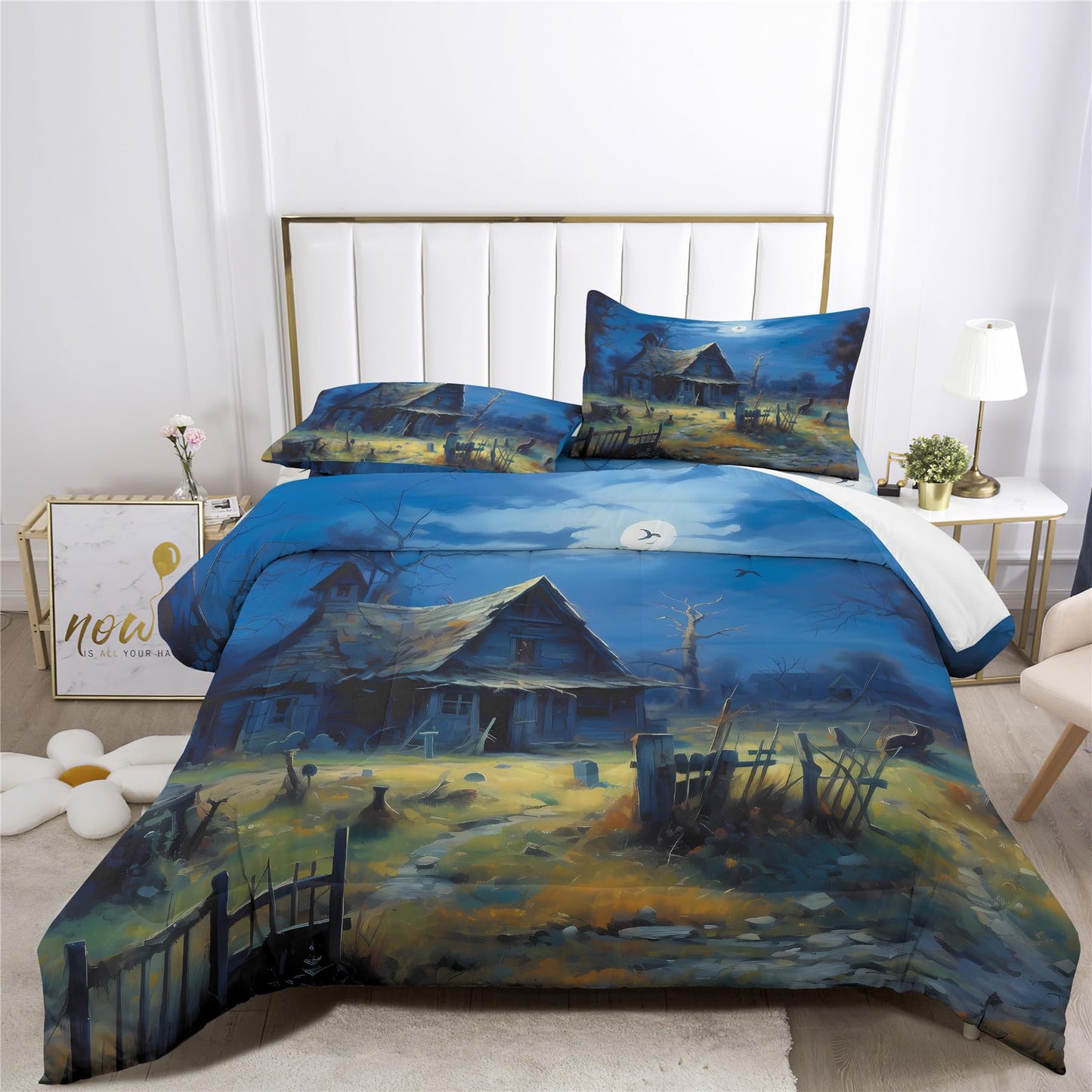 Halloween Haunted House Prints Comforter Set | Horror Festive Night Spooky Manor Design Bedding Set | with Soft Comforter+2 Pillow Shams(3PCS) or Sheet (4PCS) (C,Full-4PCS)
