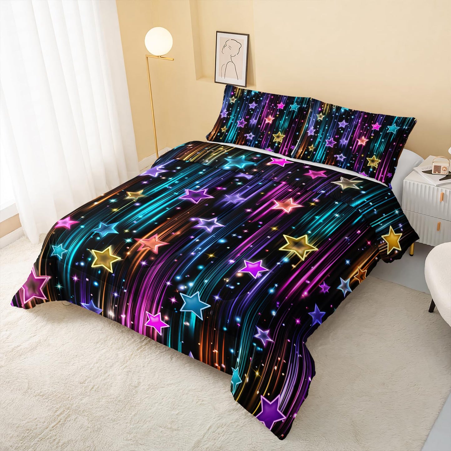 QOOMO 3Pcs Galaxy Comforter Set Twin,Glitter Star Bedding Set for Teens Boys Girls,Neon Stripes Printed Comforter with 2 Pillowcases,Down Alternative,Soft and Lightweight
