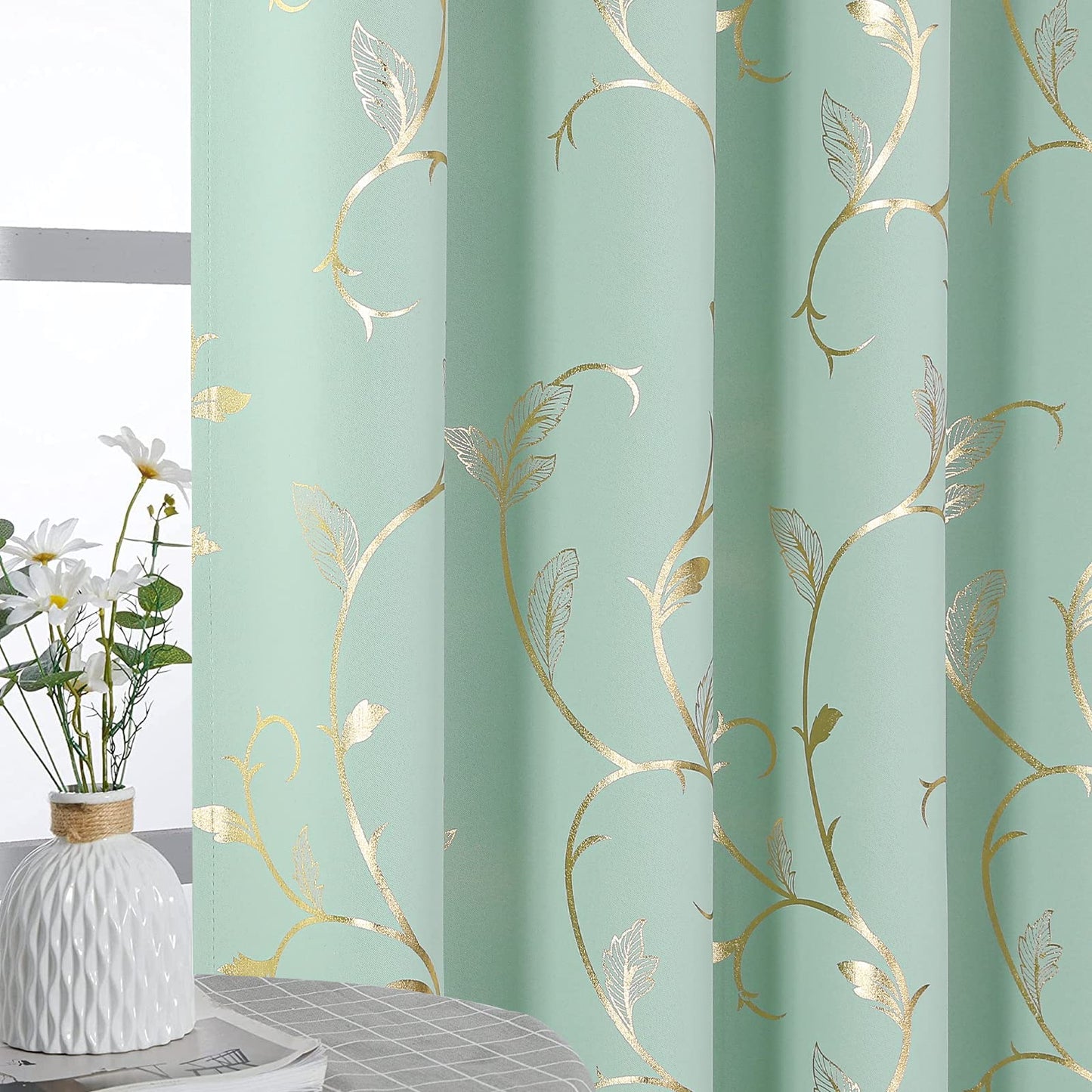BUHUA Blackout Small Window Curtains for Kitchen and Bedroom Gold Foil Print Flower Grommet Short Thermal Insulated Room Darkening Curtains, Aqua, 26Wx36L, 2 Panels
