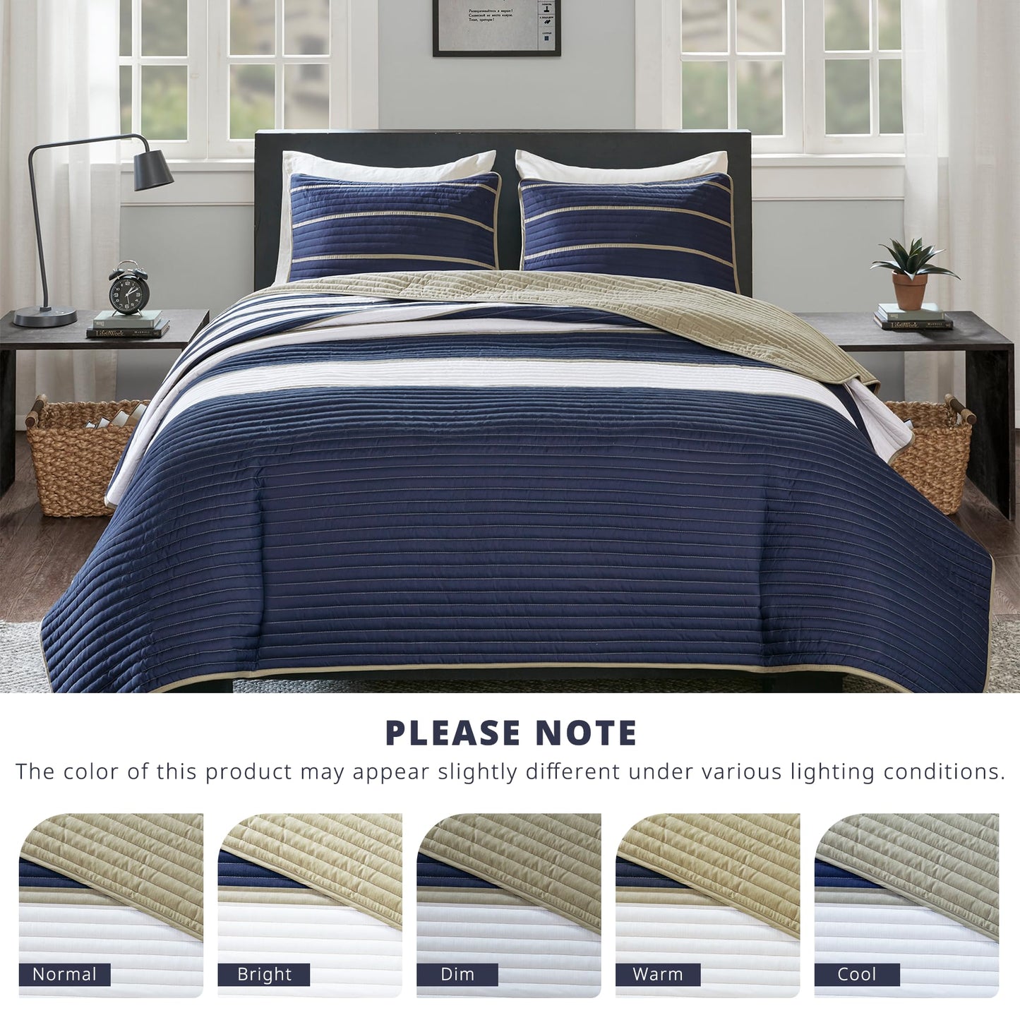 Comfort Spaces Quilt Set Trendy Casual Fun, Vibrant Color Design, Hypoallergenic All Season, Lightweight Coverlet Bedspread Cozy Kids Bedding & Sham Full/Queen Verone White Blue Stripe 3 Piece