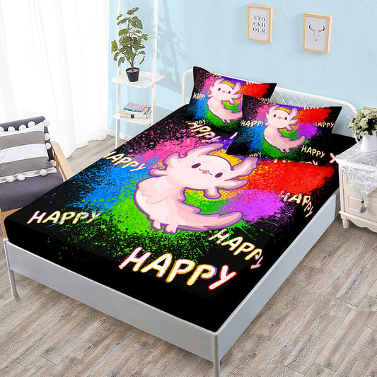 HOSIMA Axolotl Kawaii Bedding Set for Kids Bedroom Decor Colorful Ink Background Cartoon Axolotl Cute Fitted Sheet Set Twin Size,1 Fitted Sheet+2 Pillowcases.