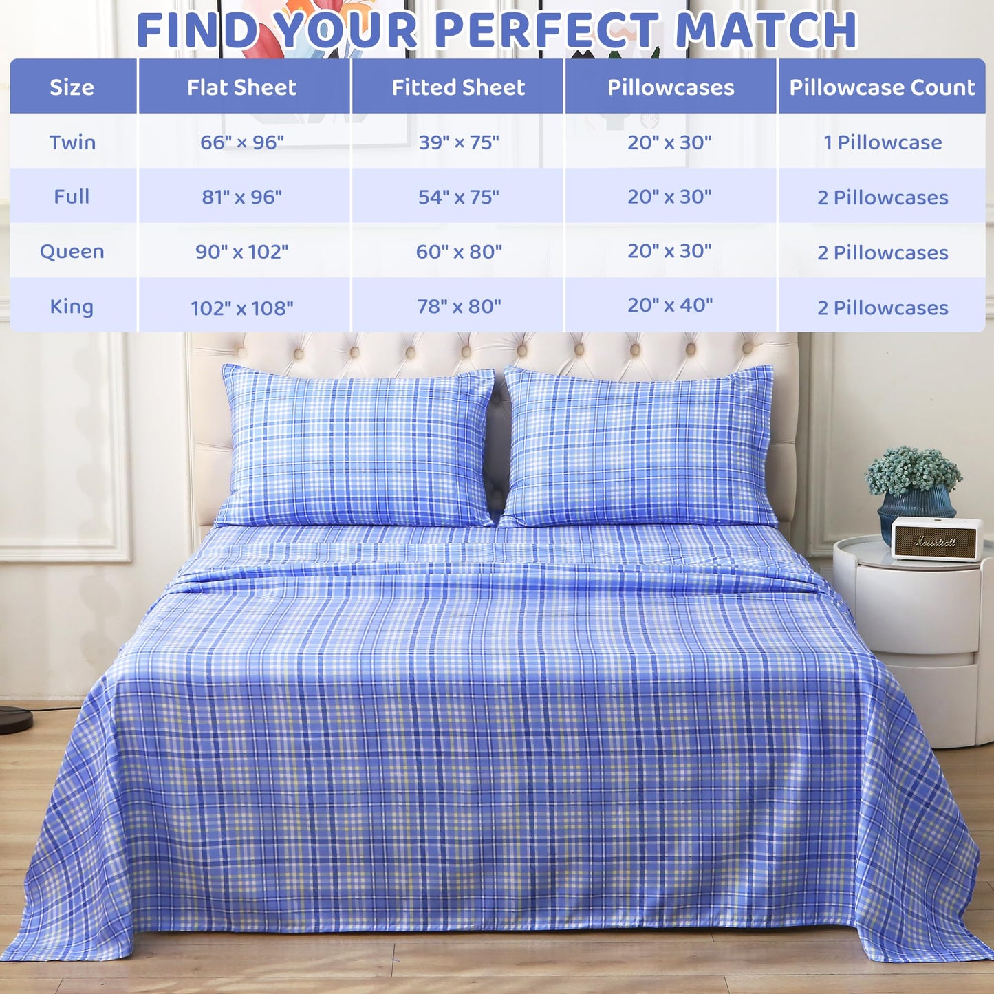 Mooreeke Cozy Plaid Microfiber Printed Full Sheet Set - Soft & Breathable Purple Yellow Plaid Bed Sheets with Extra Deep Pocket - Non-Slip Fitted Design - Purple Yellow Square Plaid Pattern - Full