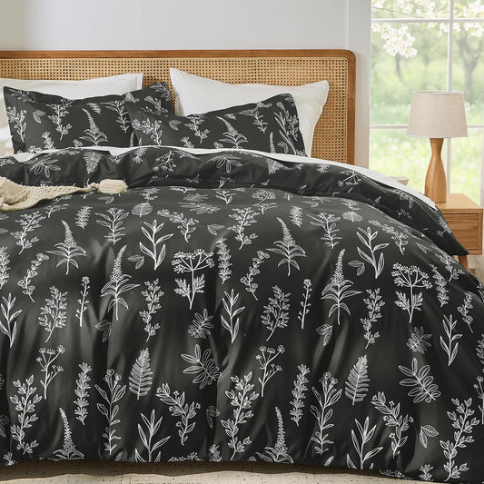 MUXHOMO Duvet Cover Queen Size, Reversible Floral Black Duvet Cover Set with Zipper Closure, 3 Pieces Botanical Patterns Soft Microfiber Bedding Set with 4 Ties (90"x90", 2 Pillow Cases)