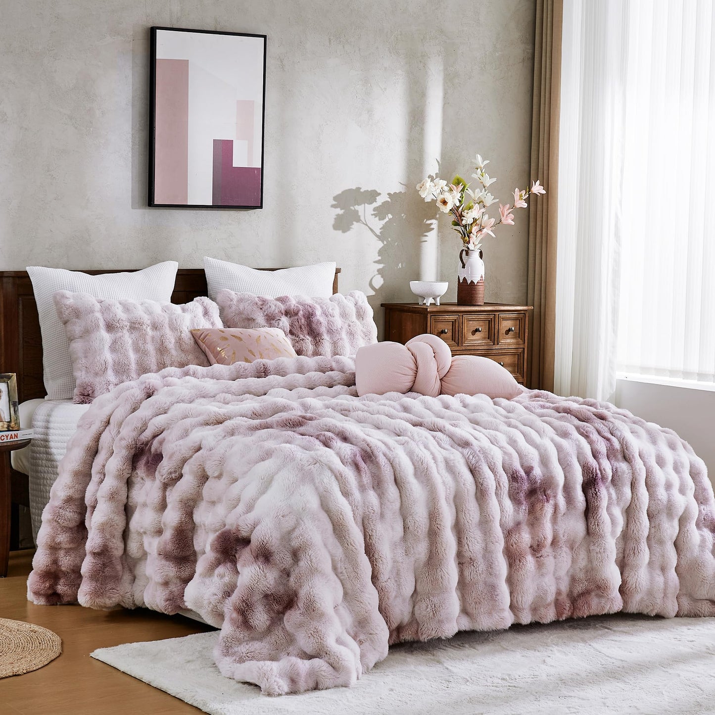 Wonderful 3 Pieces Fluffy Faux Rabbit Fur Bubble Comforter Set King Size, Tie-Dyeing Pink Purple Plush Fuzzy Bedding Set, Warm Soft Bubble Comforter Bedding Set for Winter