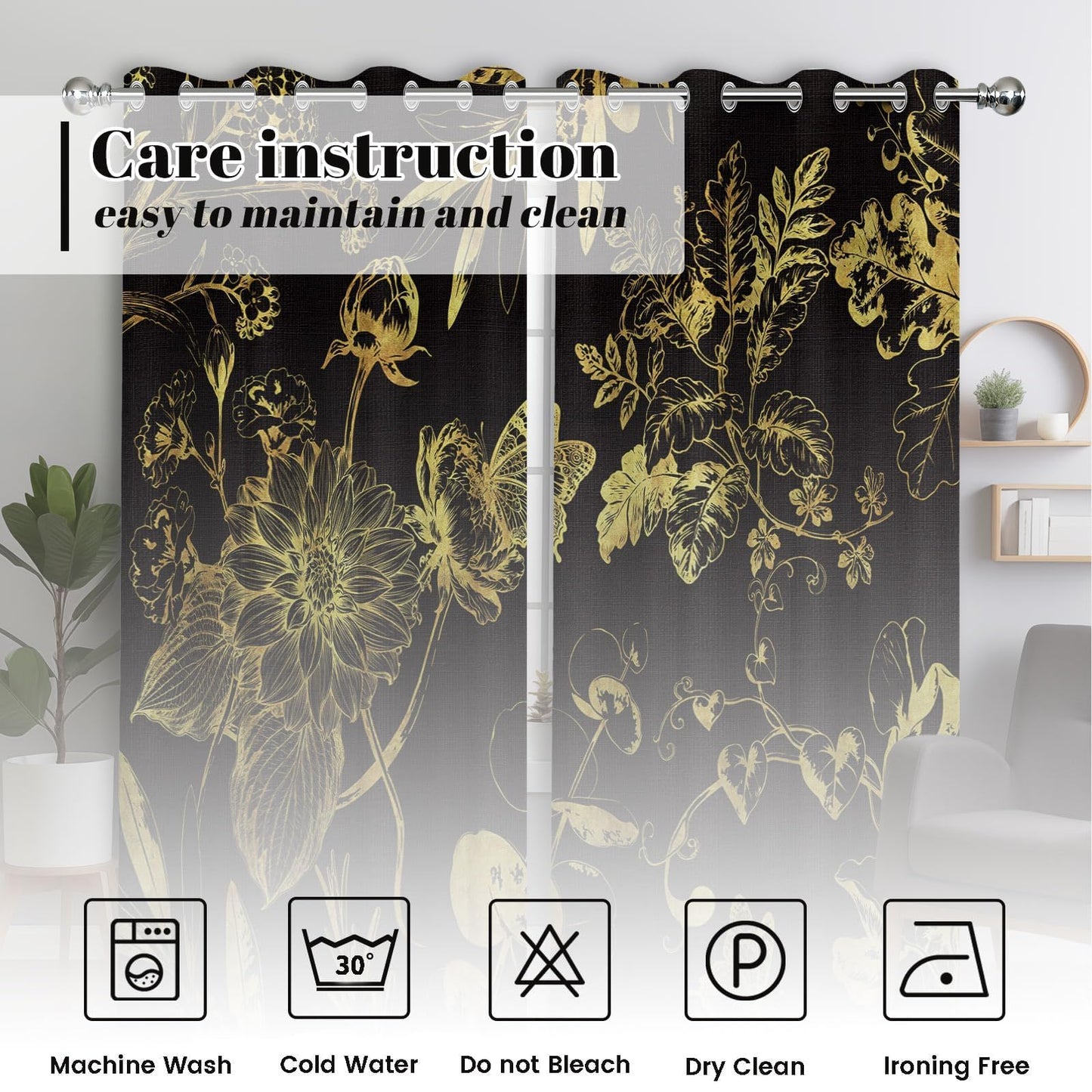 soeeao Black and Gold Vintage Botanical Blackout Curtains Patterned Golden Yellow Floral Window Drapes for Bedroom Living Room, 84 inch Length 2 Panels Set, 52x84 inch