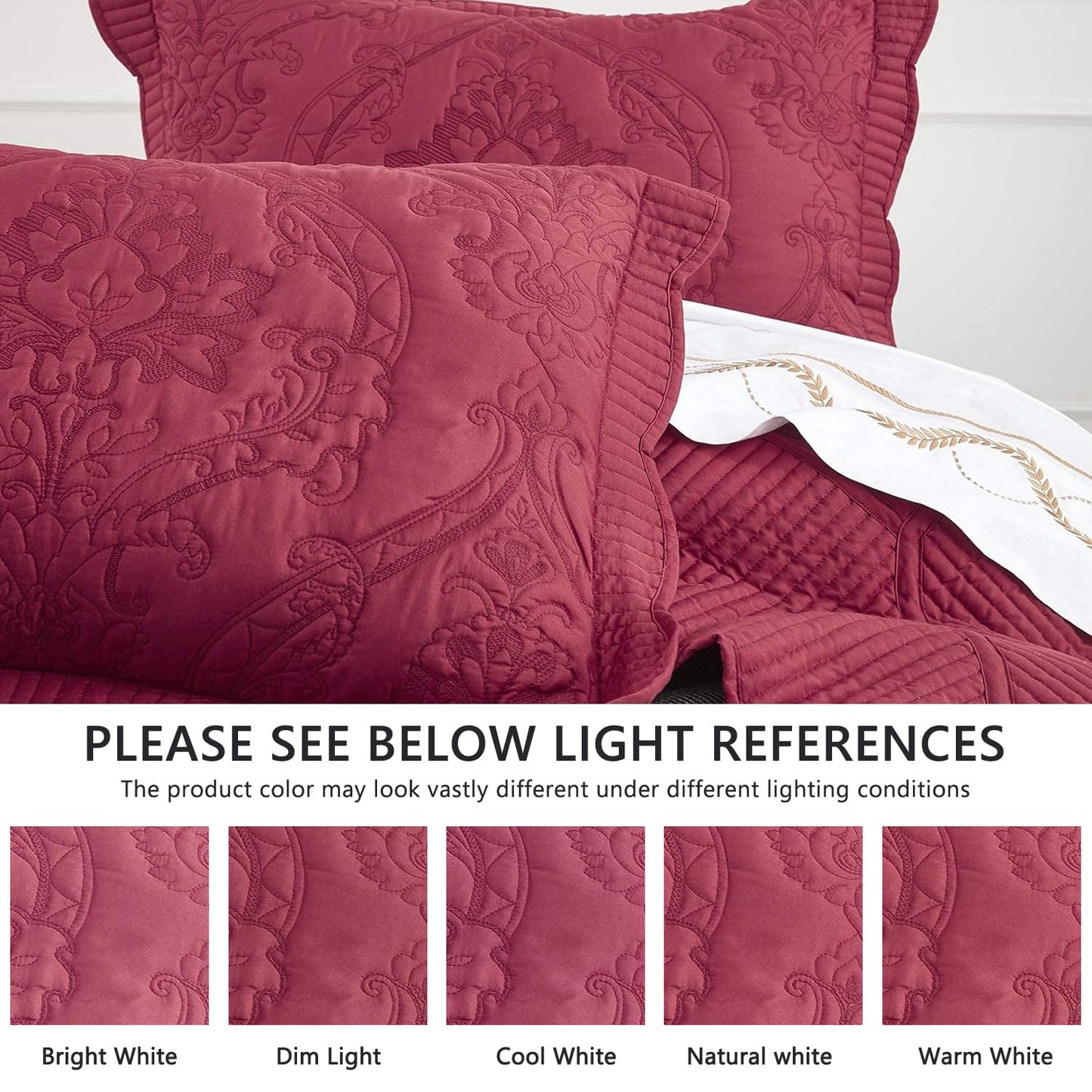 CHIXIN Oversized Bedspread Coverlet Set King Size - Lightweight Bedding Cover - Beautiful Stitching - 5 Piece Reversible Bedspread - Gorgeous Damask Paisley Pattern (King, Wine Red)