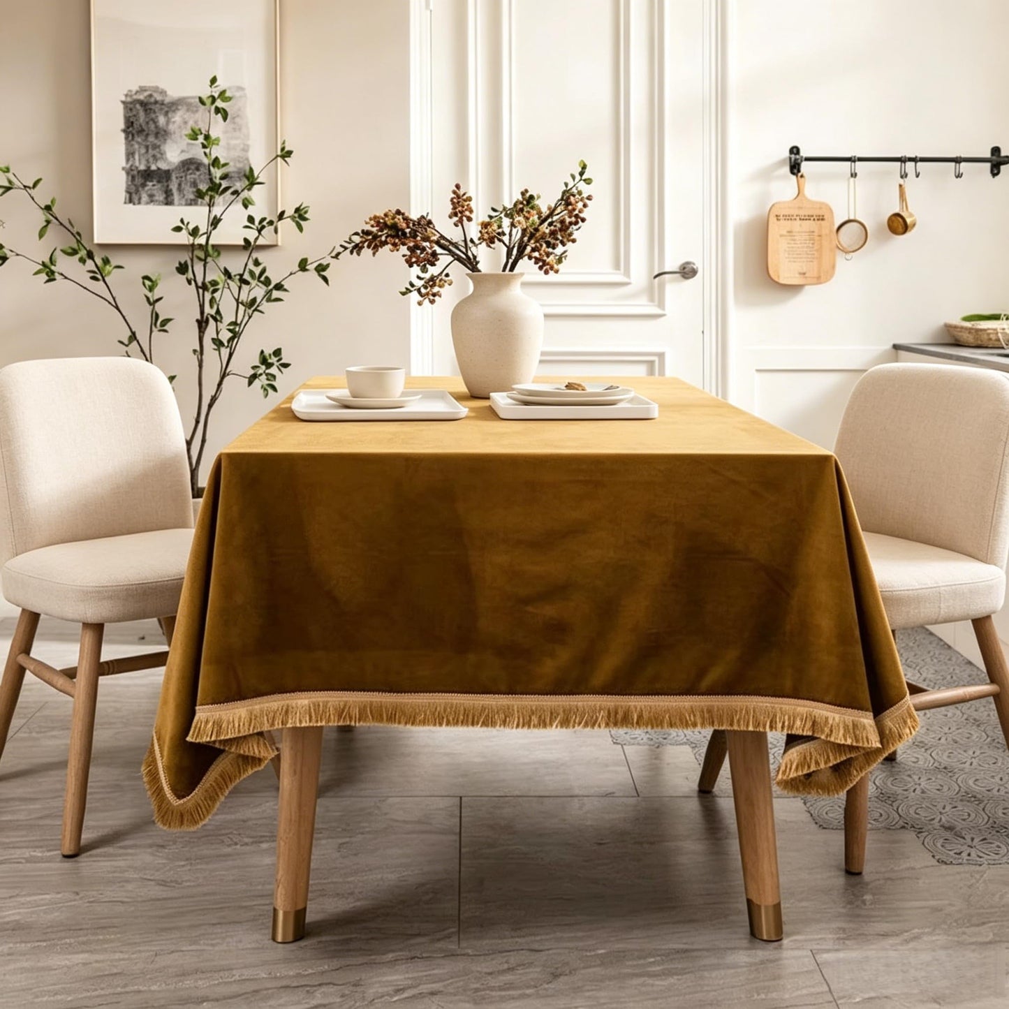 FAIRY KAARI Velvet Tablecloth Luxurious Camel Rectangle Table Tablecloth Thickset with Luxurious Gold Tassels Table Cloth for Home Decor Christmas Wedding, Party, Banquet and Events 55X86inch