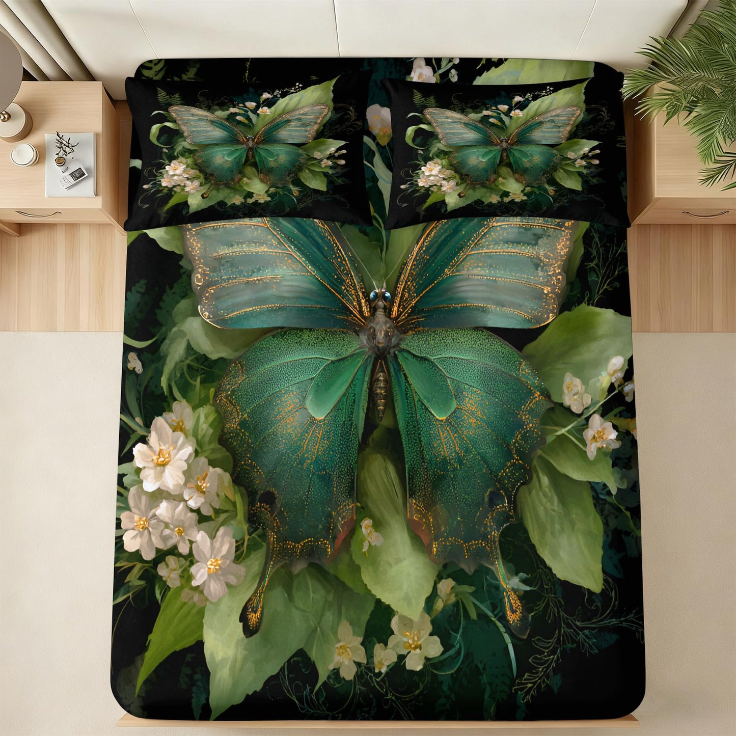 ZAOMIR Butterfly Floral Sheet Set King for Women, Botanical Flower Leaves Bed Sheets Set 4 Pieces Soft Microfiber Boho Black Green Bedding Sheets with Deep Pocket Fitted Sheet & 2 Pillowcases