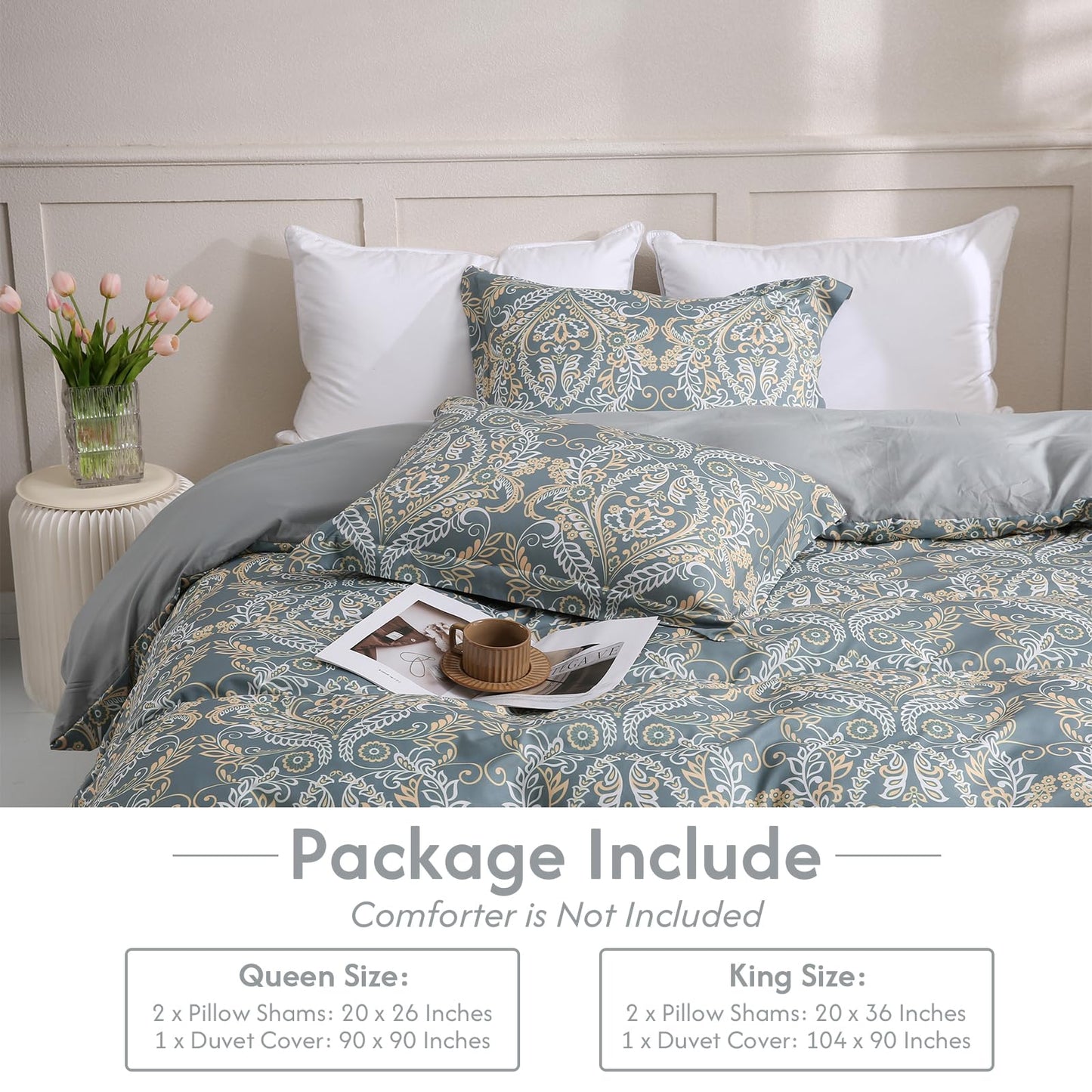 LONAVA Queen Paisley 3 Pcs Duvet Cover Set, Breathable Soft Microfiber Grey Lining Comforter Cover with Zipper Closure, and 2 Anti-Pilling, Fade Resistant Pillowcases, Green Pasliey