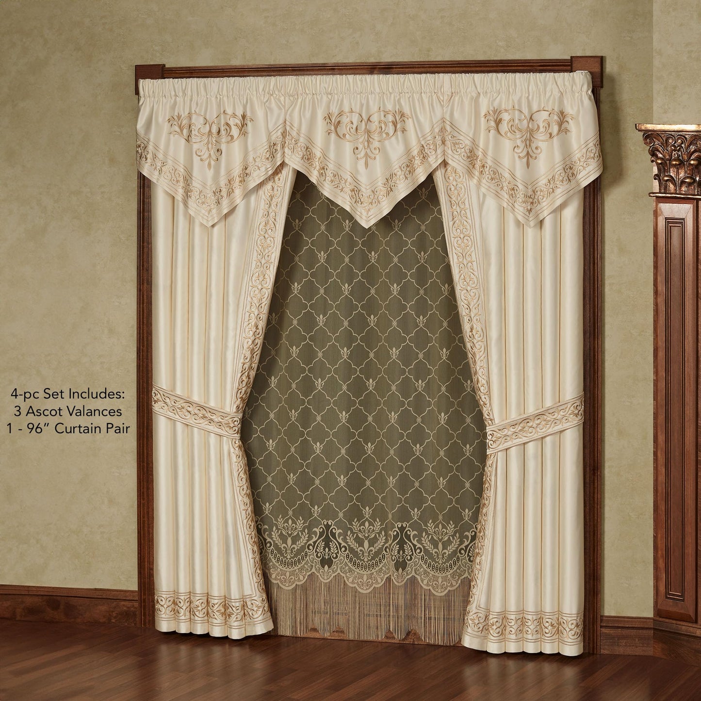 Touch of Class Versailles Window Ascot Valances & 96L Curtains, Pearl