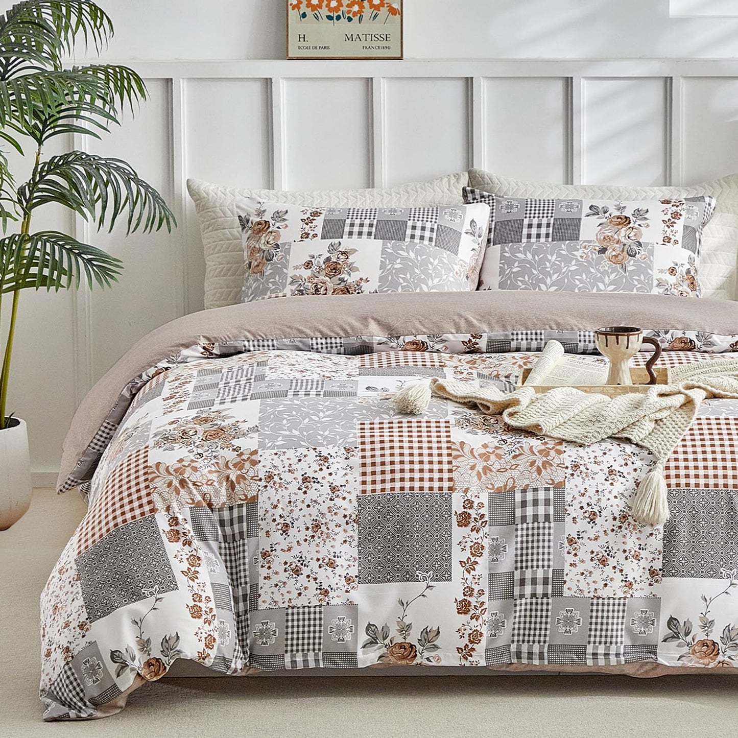 Lekesky King Size Duvet Cover Set, Patchwork Floral 3 Pieces Reversible Grey Duvet Cover Set, Ultra-Soft Microfiber 3 Pieces Comforter Cover with Zipper and Corner Ties, Includes 2 Pillowcases
