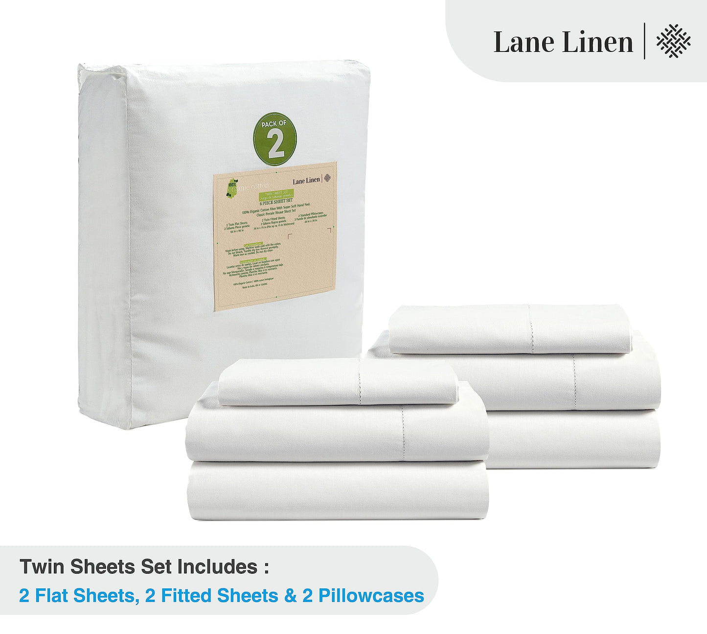 LANE LINEN 100% Organic Cotton Twin Sheets Set, 6Pc Twin Bed Sheets, Breathable Cotton Sheets Twin Size Bed Set, Dorm Room Essentials with 15" Deep Pocket Fitted Sheet - White Twin Sheets (2 Pack)