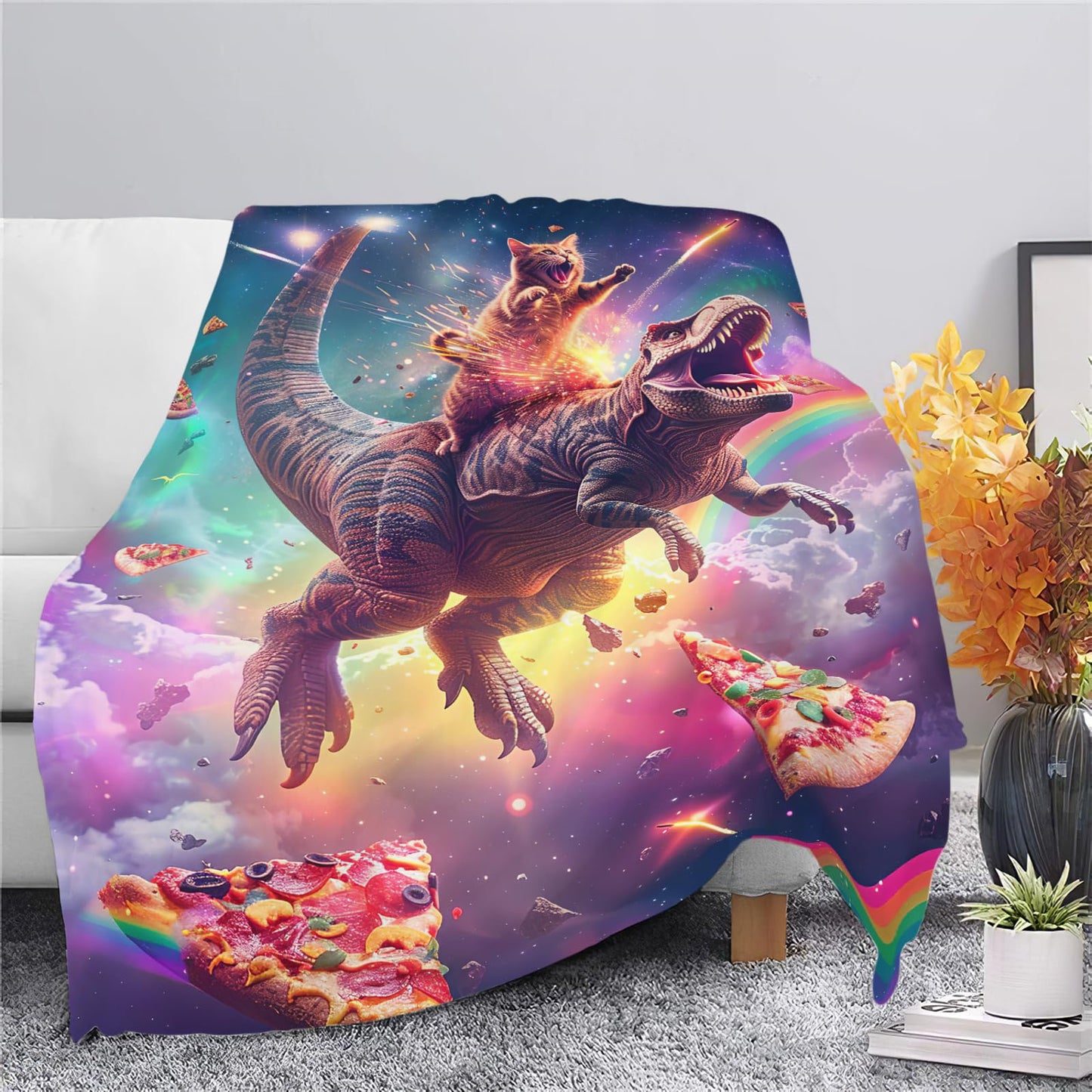 Cat and Dinosaur Blanket Rainbow Pizza Dino Cat Throw Blanket Gifts for Adults Men Women Boys Girls Kids Super Soft Cozy Plush Fluffy Fuzzy Fleece Blanket Decor 50''X60''