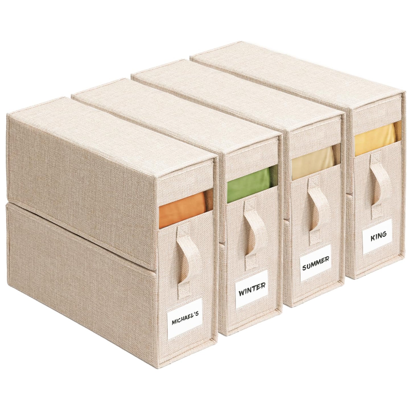 4 Pack Sheet Storage Organizer (King & Queen Size) with handle, Foldable Sheet Set Organizer for Linen Closet, Sheet Organizer for Blanket, Coverlet and Towel, Beige