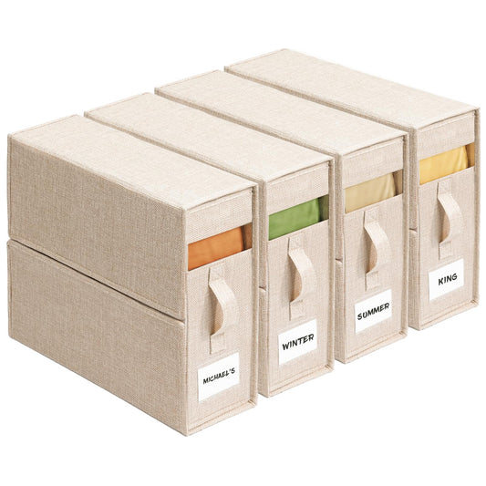 4 Pack Sheet Storage Organizer (King & Queen Size) with handle, Foldable Sheet Set Organizer for Linen Closet, Sheet Organizer for Blanket, Coverlet and Towel, Beige