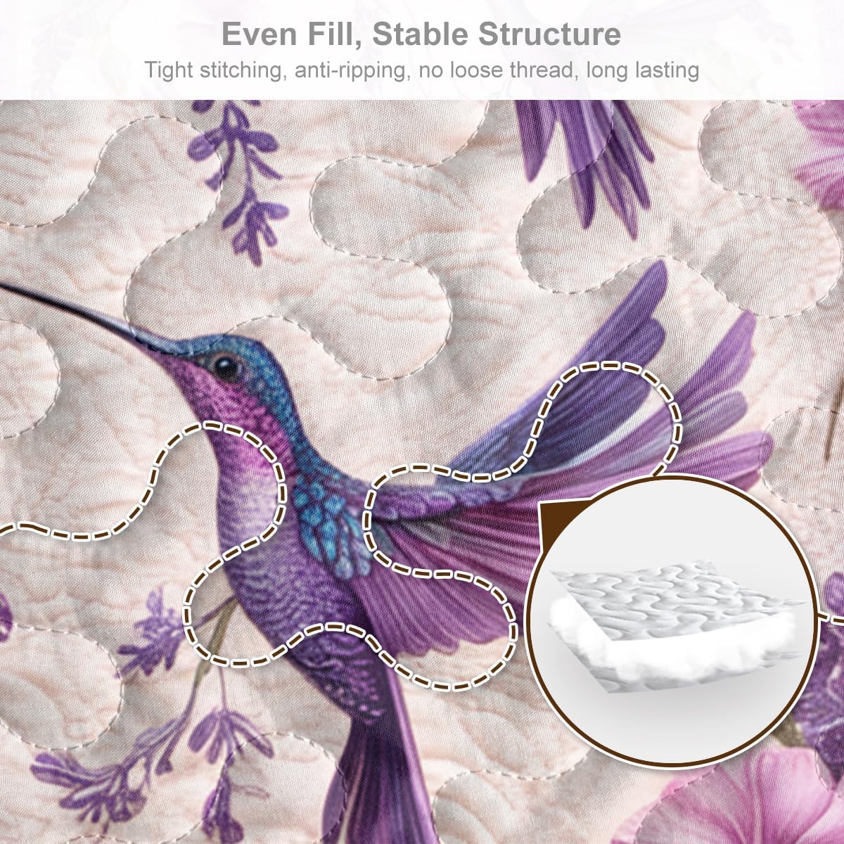 ARIGHTEX Flower Bird Quilt Set Queen Size Lavender Hummingbird Floral Bedding Set Lightweight Botanical Quilt Soft Microfiber Bedspread Coverlet Spring Bedding Set with Matching Pillow Shams